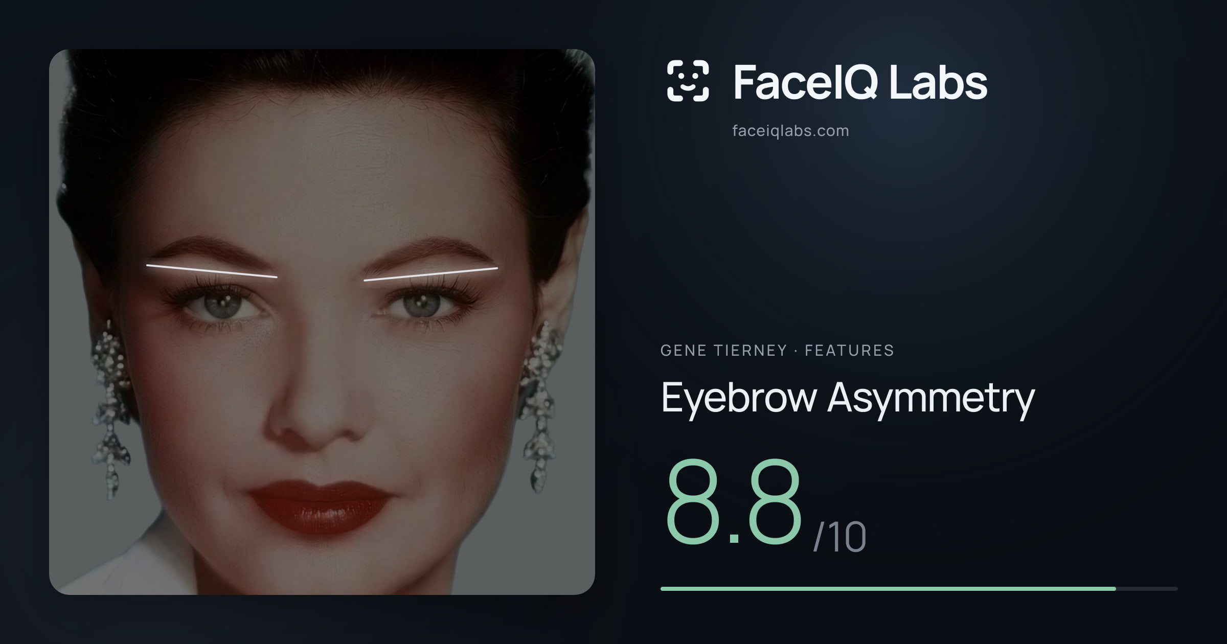 Gene Tierney Eyebrow Asymmetry: 8.8/10, drawn on the photo