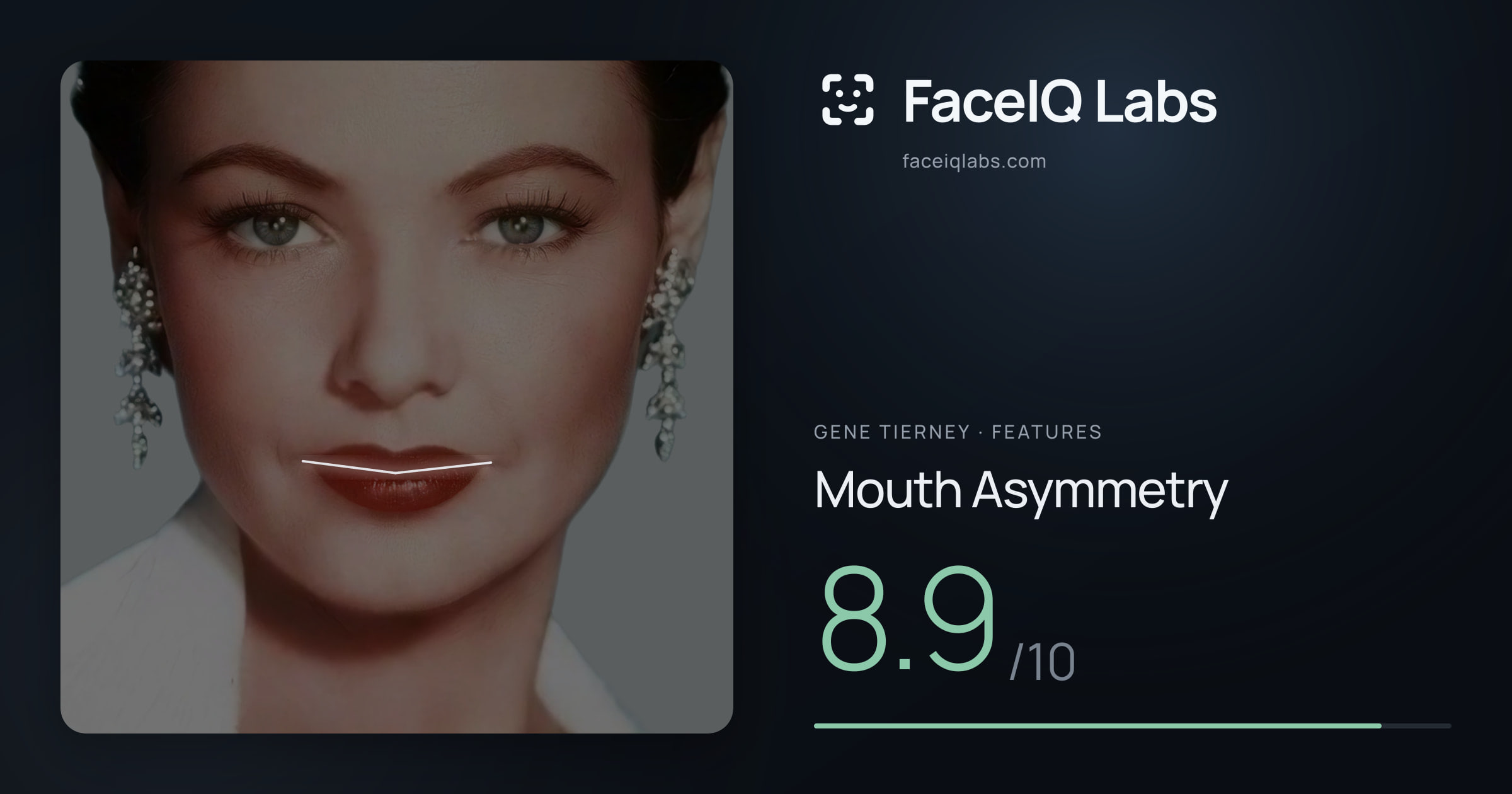 Gene Tierney Mouth Asymmetry: 8.9/10, drawn on the photo