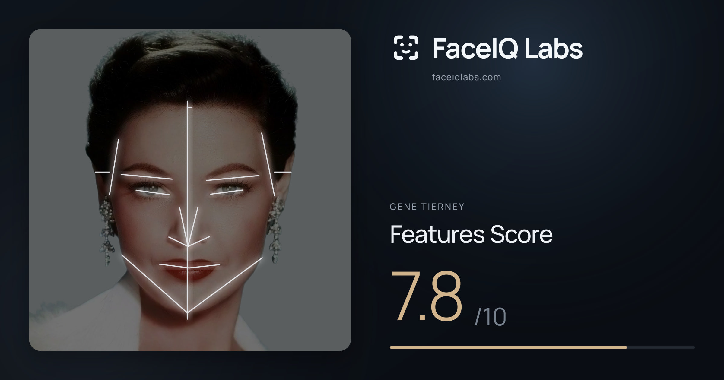 Gene Tierney Features: 7.8/10, with each assessment drawn on the photo