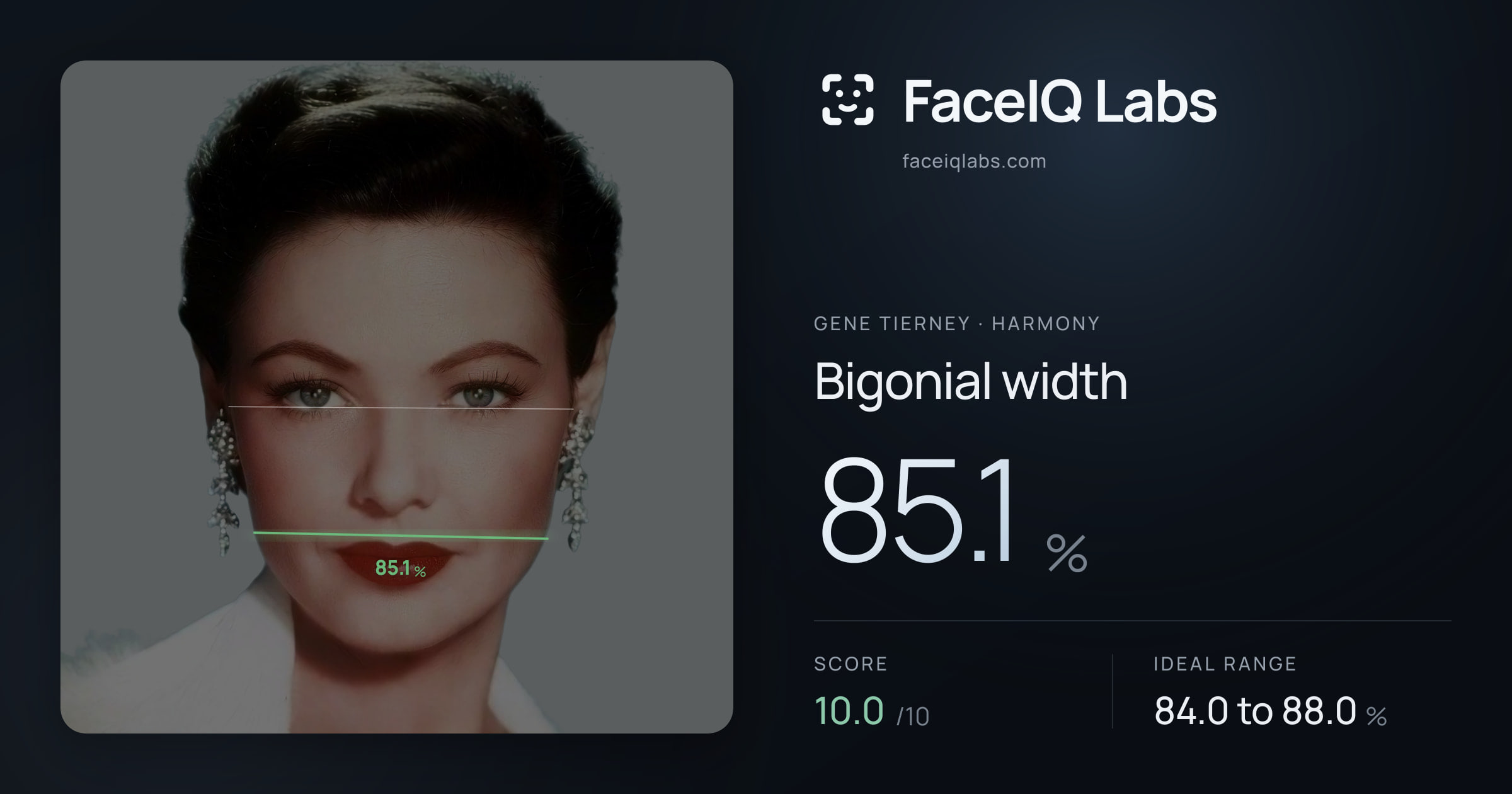 Gene Tierney Bigonial width: 85.1%, drawn on the photo