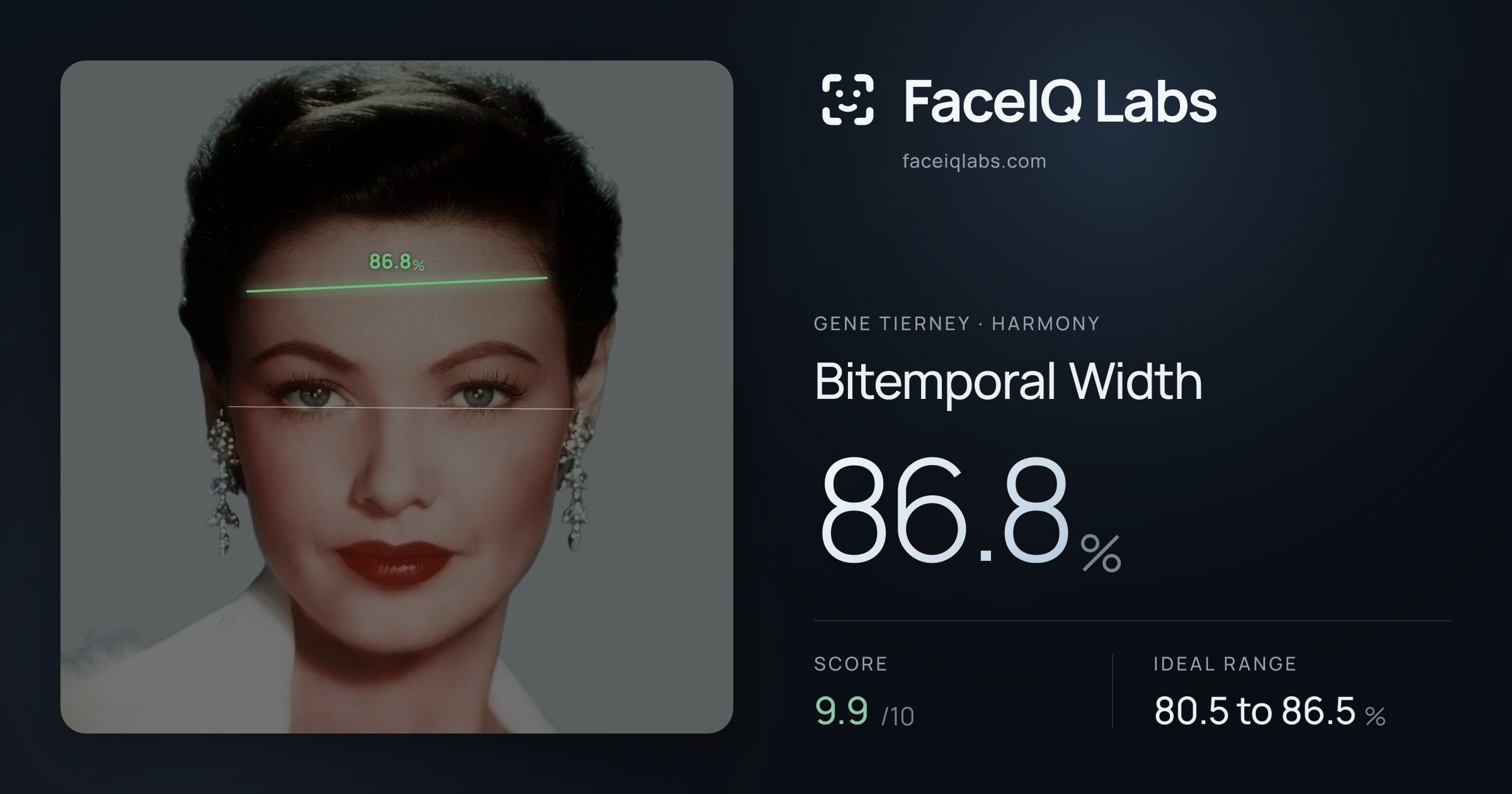 Gene Tierney Bitemporal Width: 86.8%, drawn on the photo