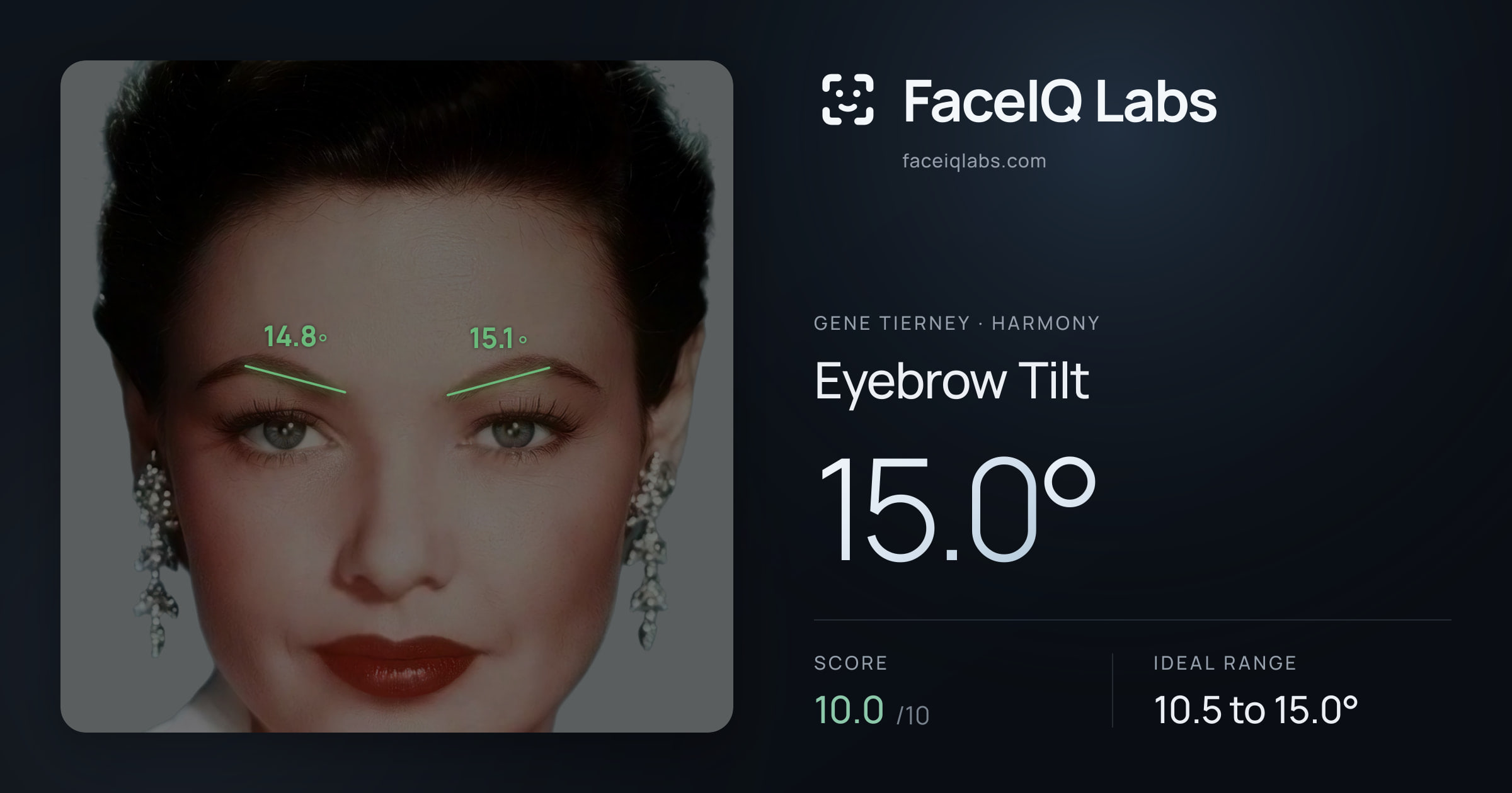 Gene Tierney Eyebrow Tilt: 15.0°, drawn on the photo