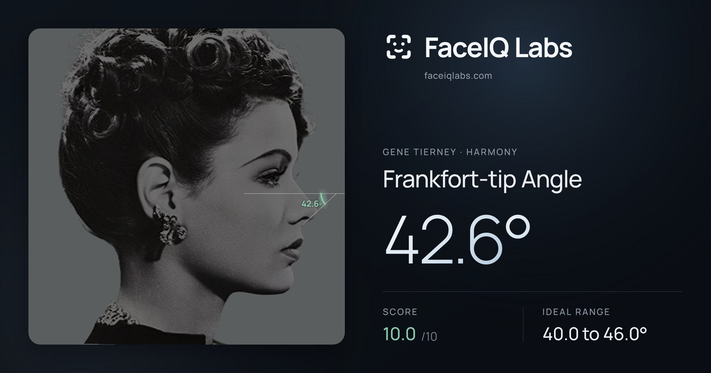 Gene Tierney Frankfort-tip Angle: 42.6°, drawn on the photo