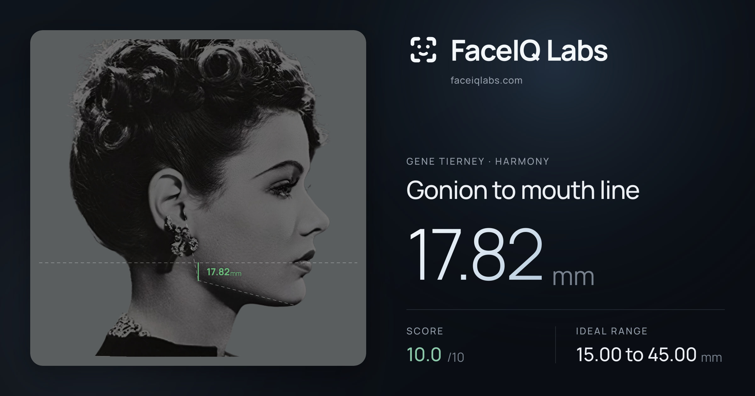 Gene Tierney Gonion to mouth line: 17.82mm, drawn on the photo