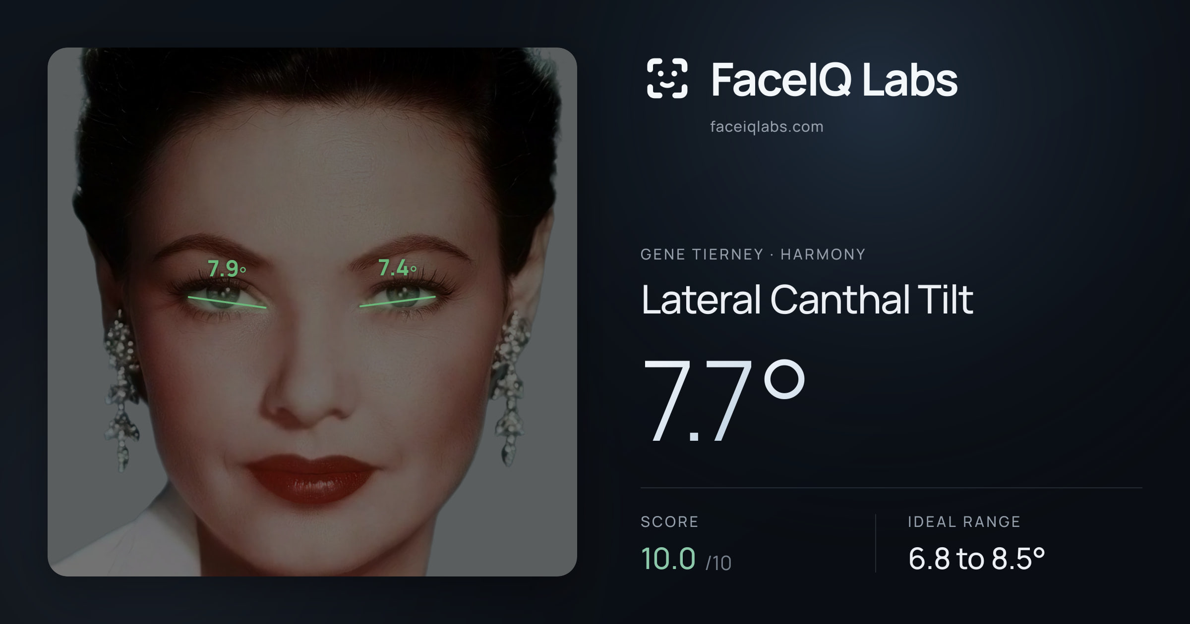 Gene Tierney Lateral Canthal Tilt: 7.7°, drawn on the photo