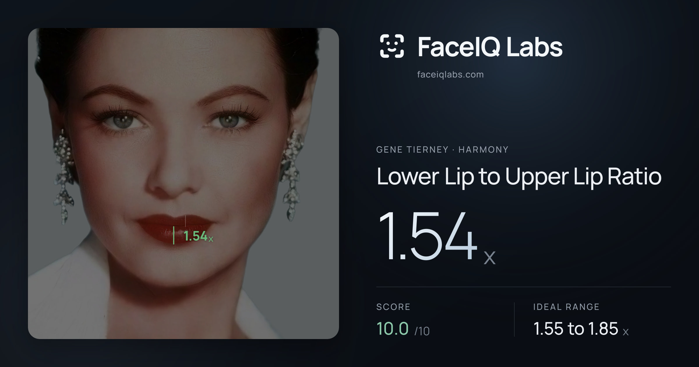 Gene Tierney Lower Lip to Upper Lip Ratio: 1.54x, drawn on the photo