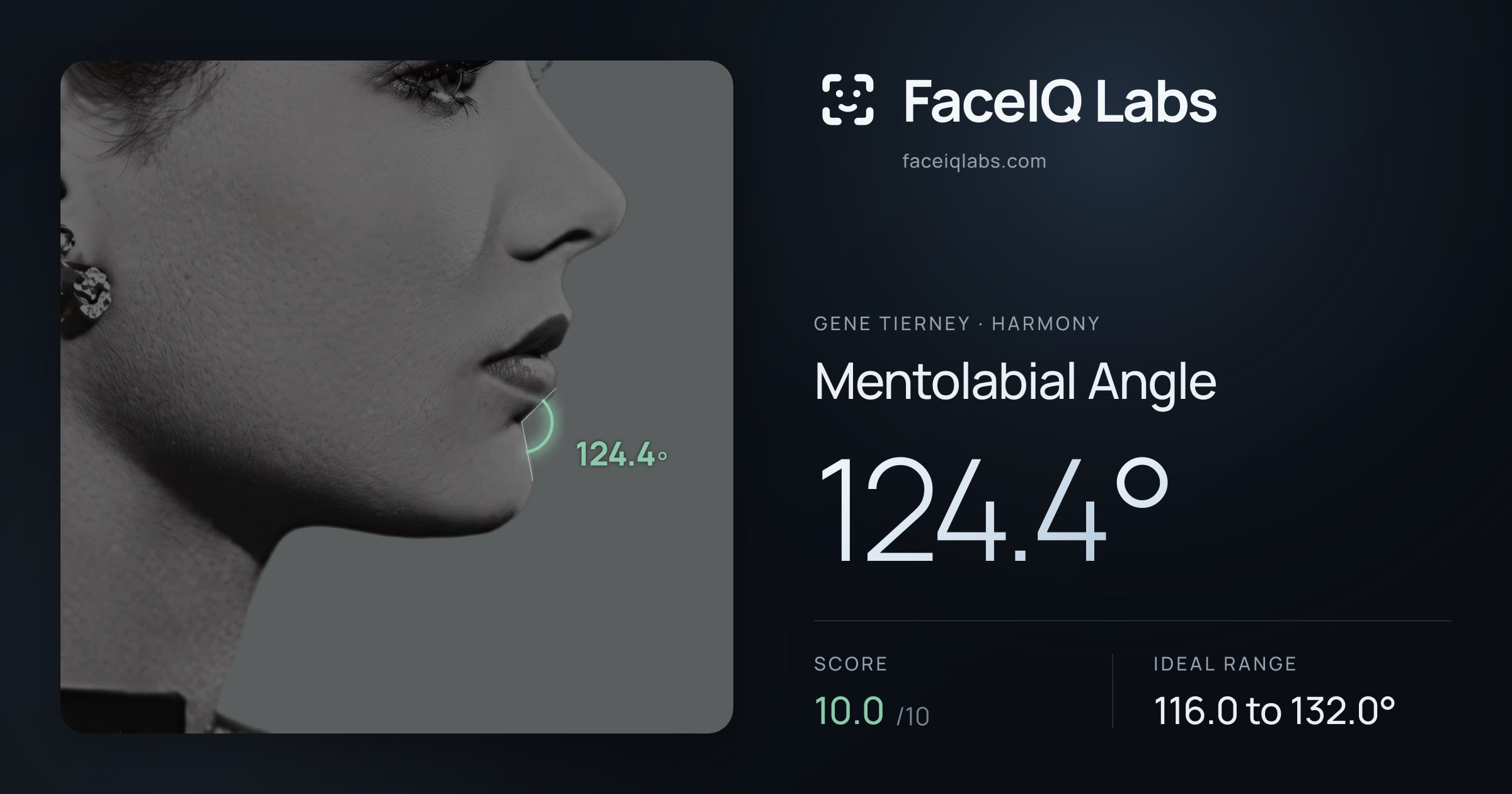 Gene Tierney Mentolabial Angle: 124.4°, drawn on the photo
