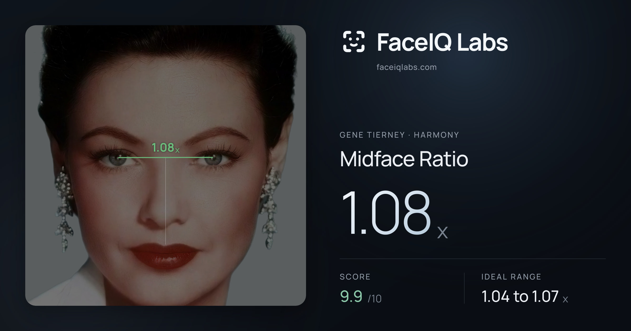 Gene Tierney Midface Ratio: 1.08x, drawn on the photo