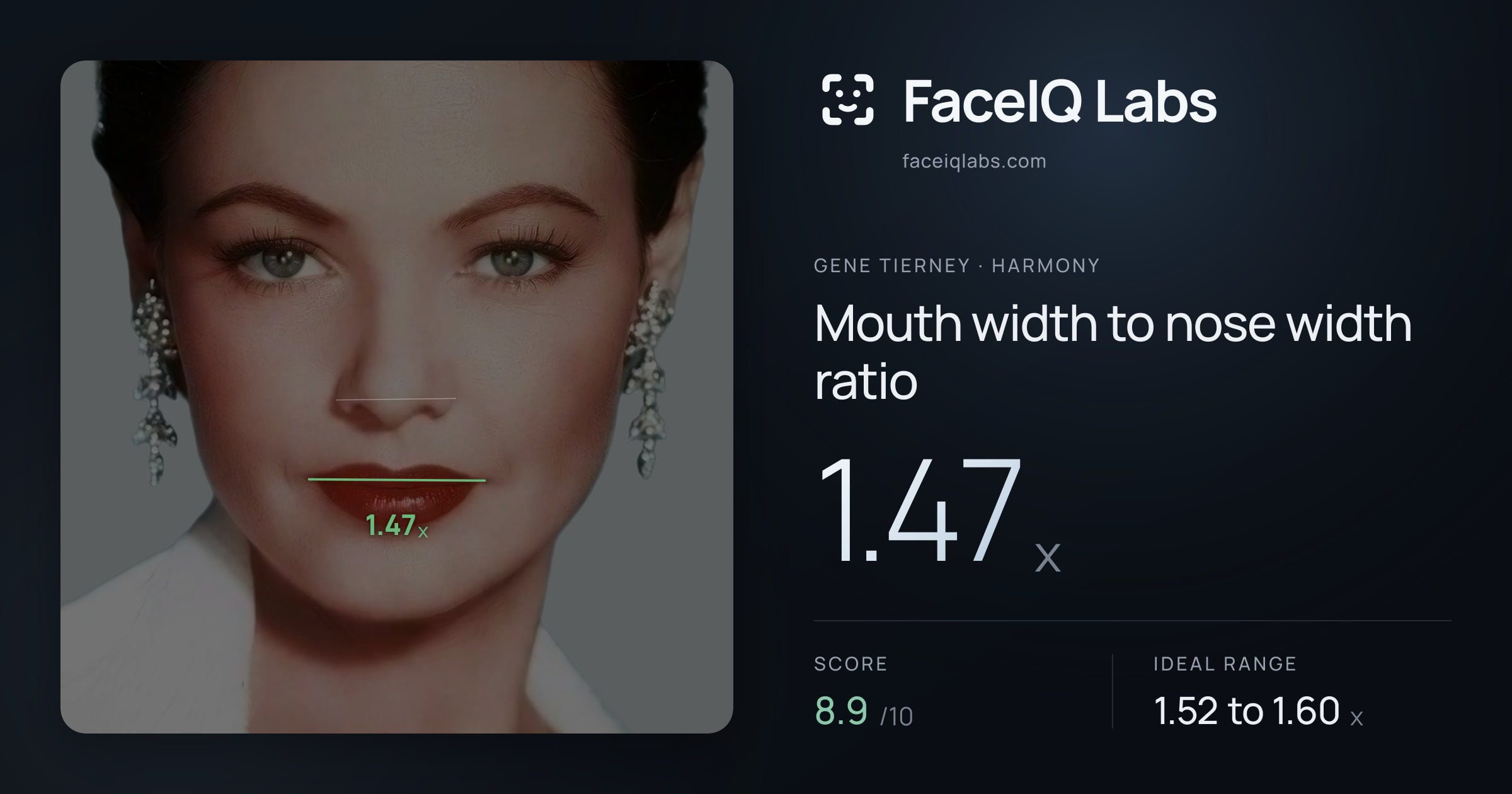 Gene Tierney Mouth width to nose width ratio: 1.47x, drawn on the photo