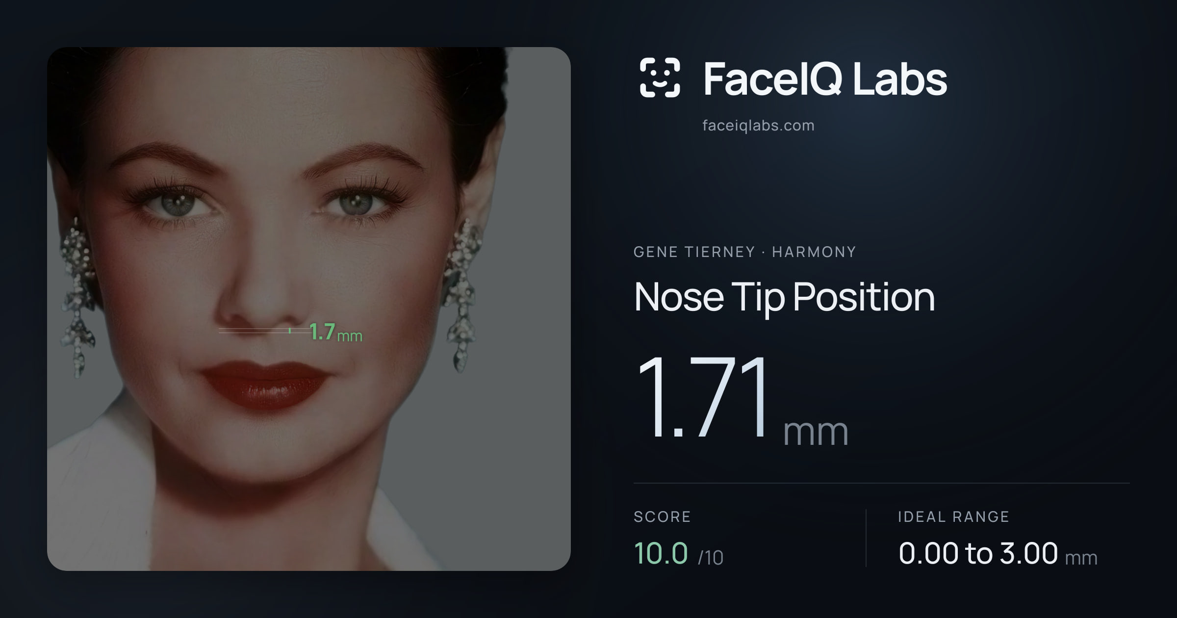 Gene Tierney Nose Tip Position: 1.71mm, drawn on the photo