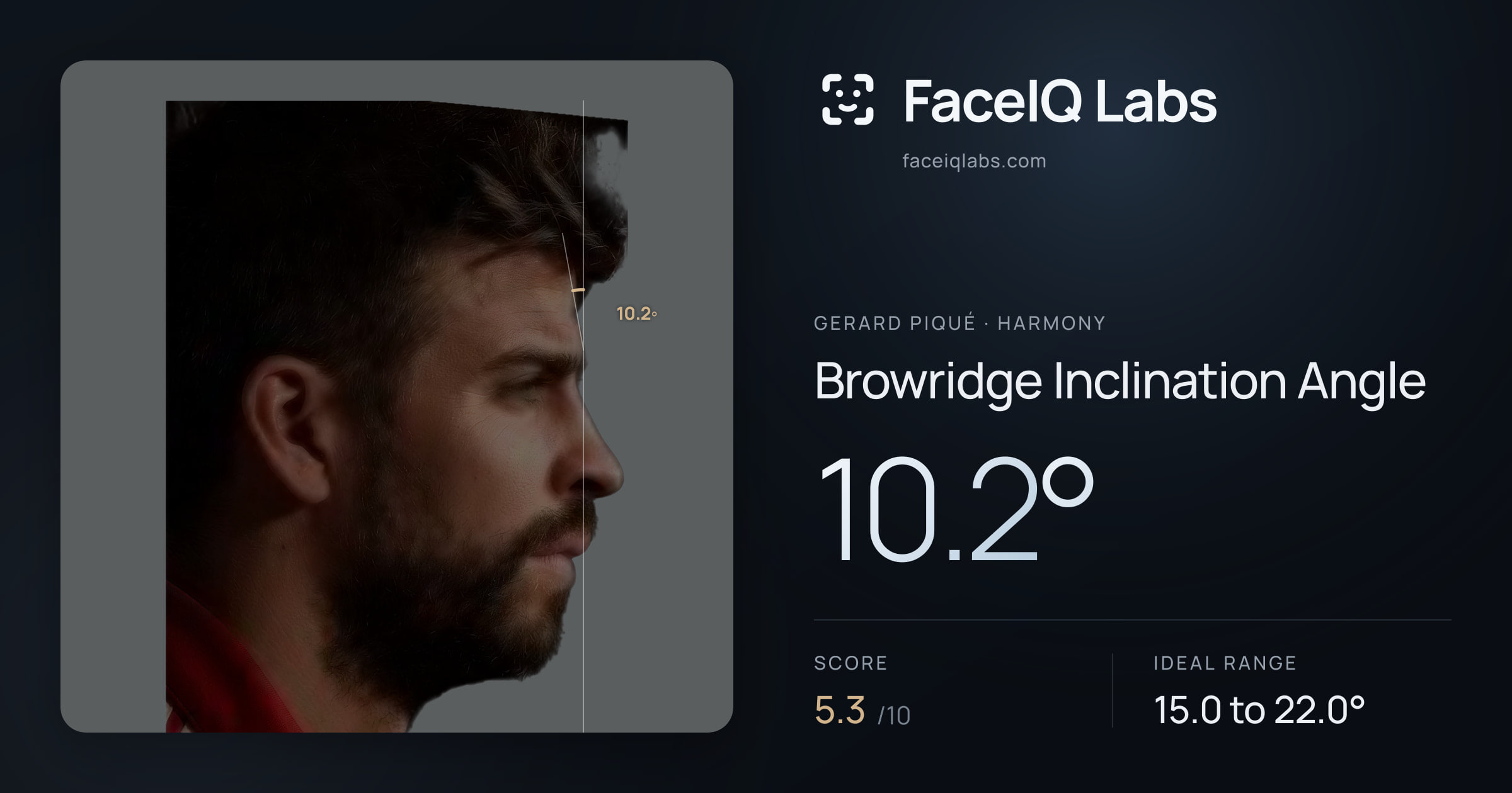 Gerard Piqué Browridge Inclination Angle: 10.2°, drawn on the photo