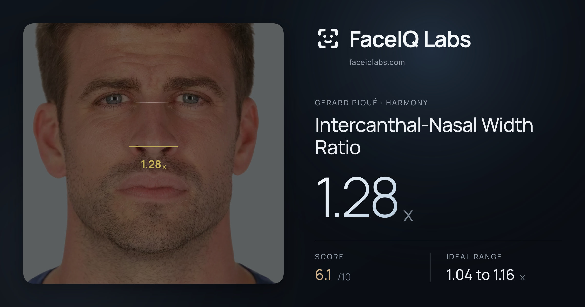 Gerard Piqué Intercanthal-Nasal Width Ratio: 1.28x, drawn on the photo