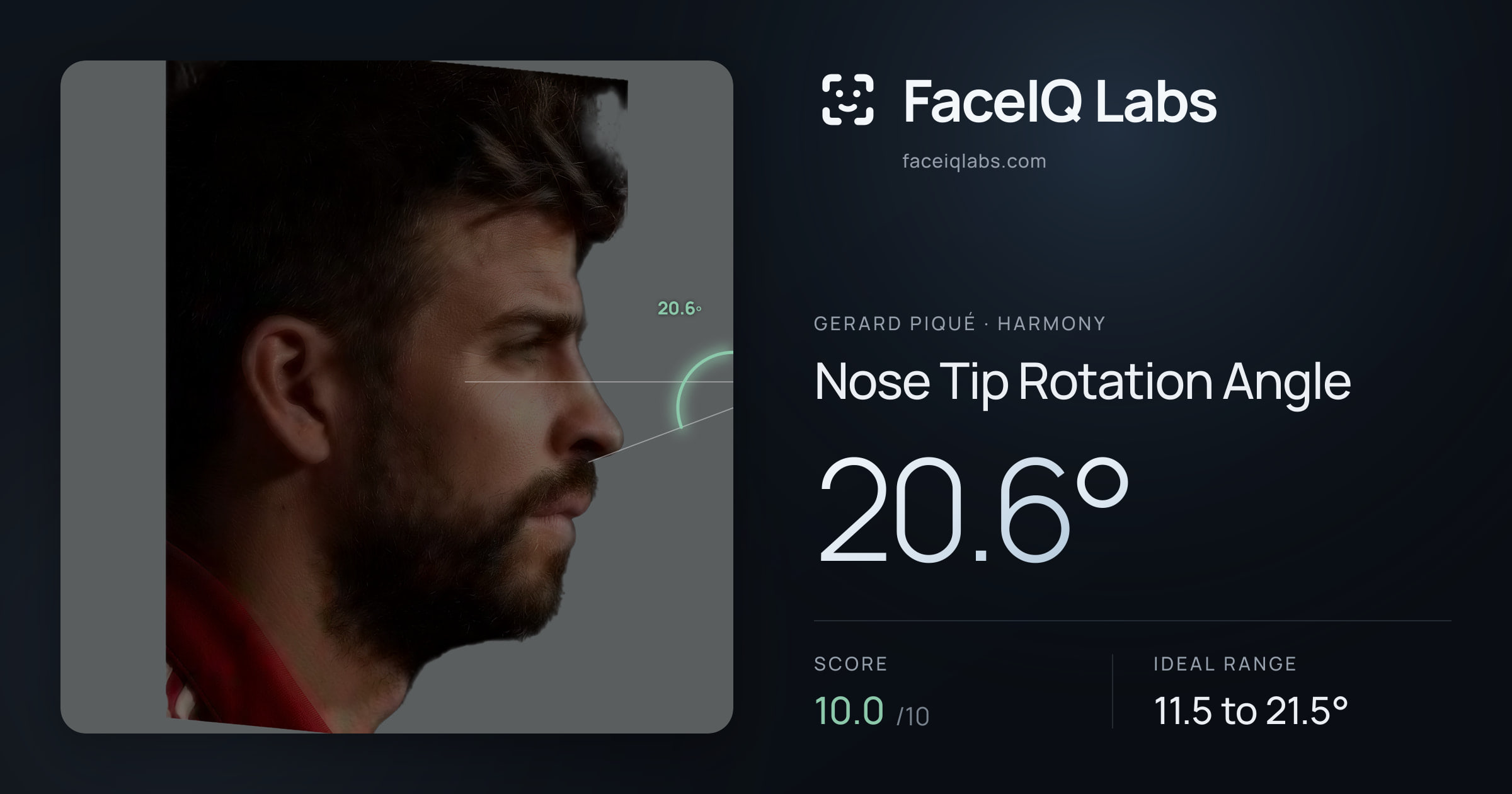 Gerard Piqué Nose Tip Rotation Angle: 20.6°, drawn on the photo