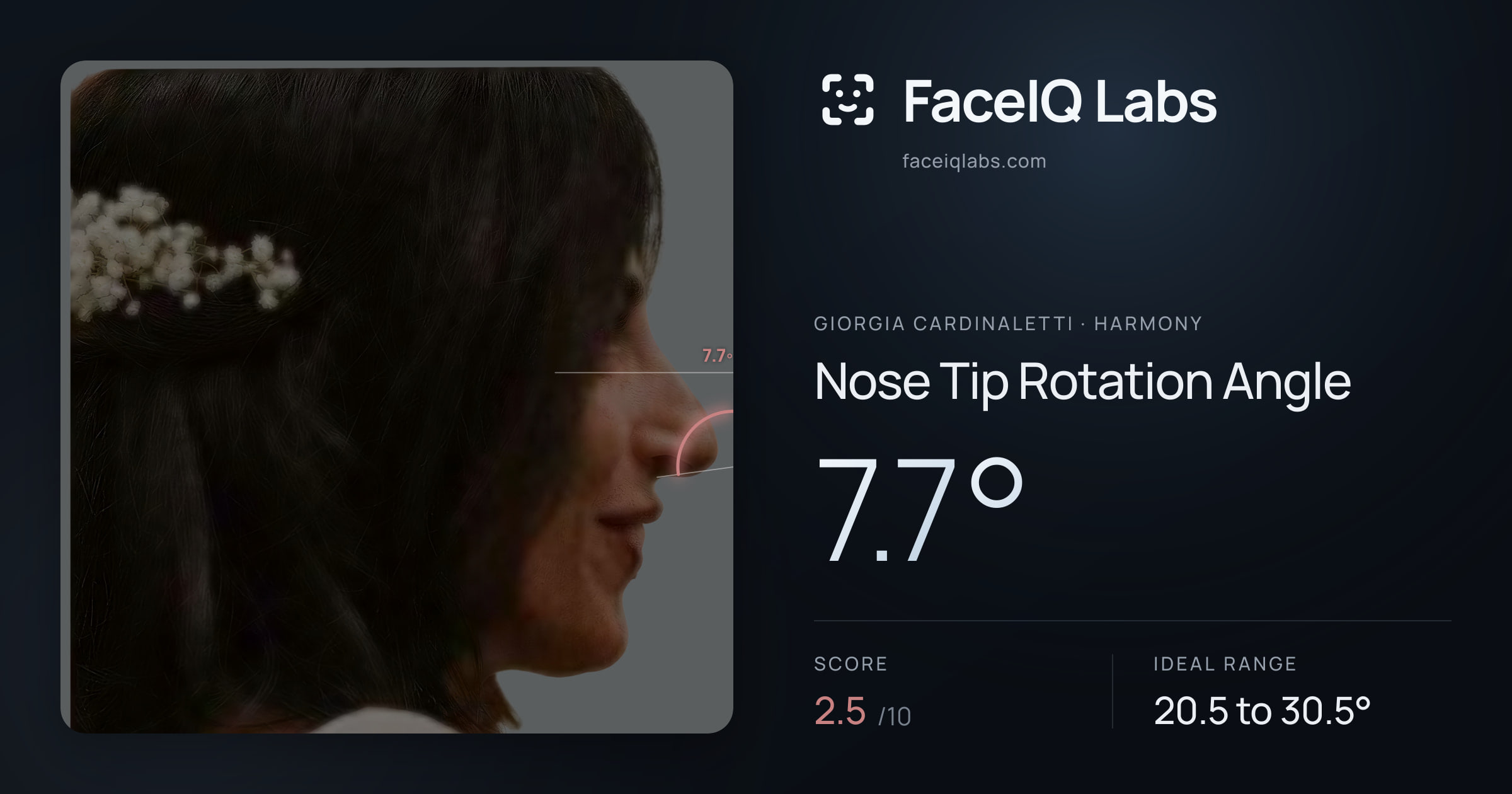 Giorgia Cardinaletti Nose Tip Rotation Angle: 7.7°, drawn on the photo