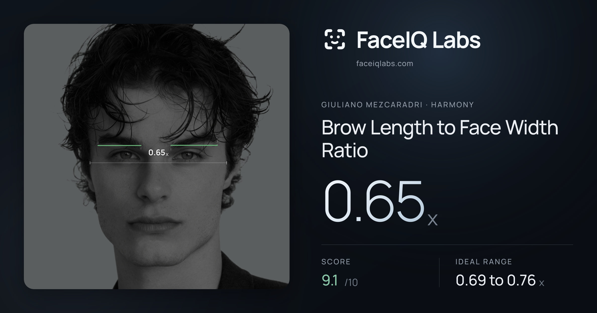 Giuliano Mezcaradri Brow Length to Face Width Ratio: 0.64x, drawn on the photo