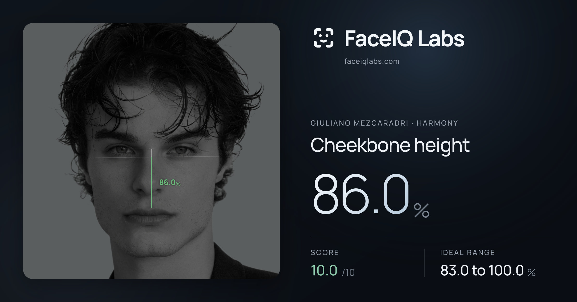 Giuliano Mezcaradri Cheekbone height: 90.4%, drawn on the photo