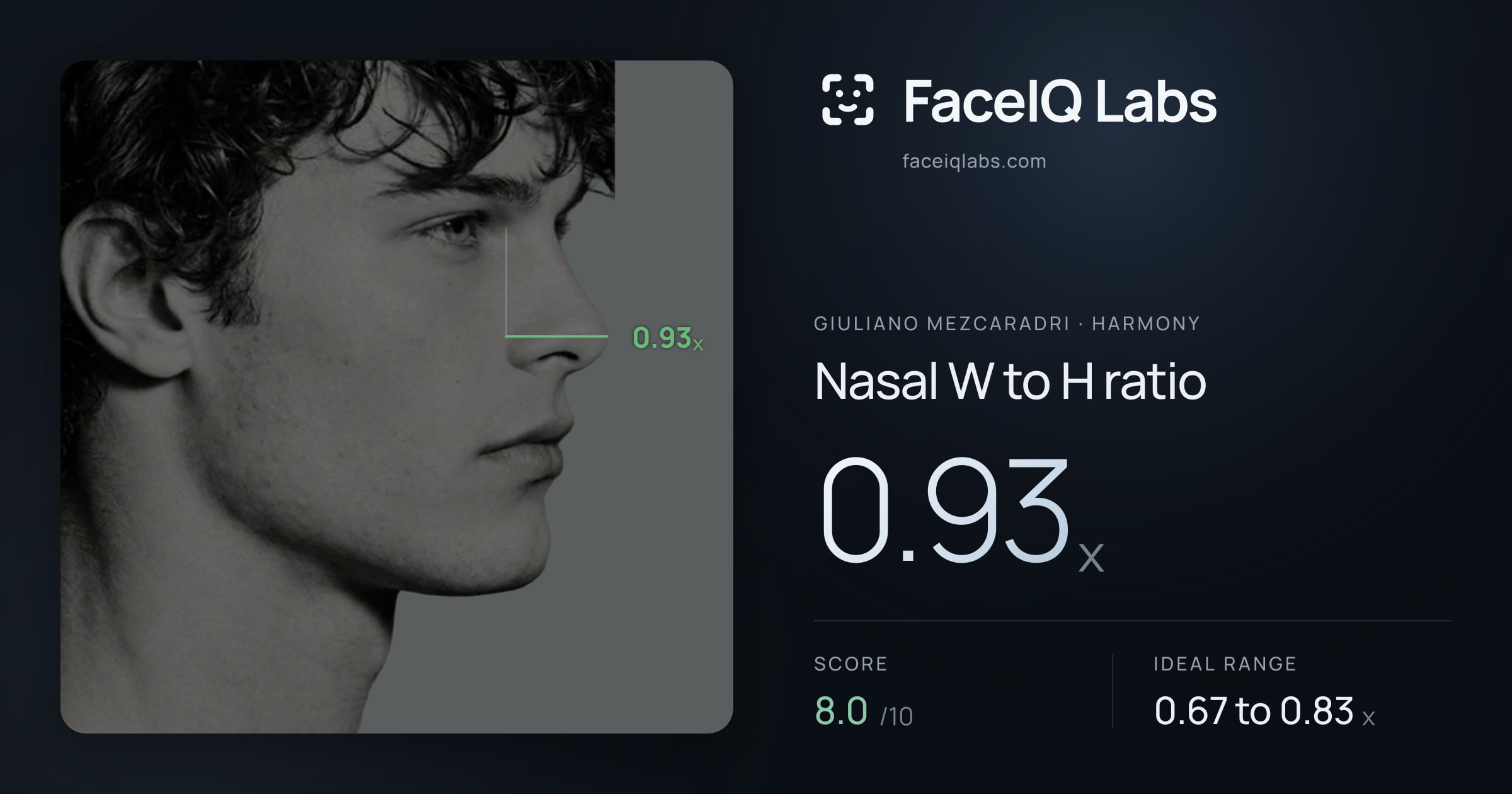Giuliano Mezcaradri Nasal W to H ratio: 0.93x, drawn on the photo