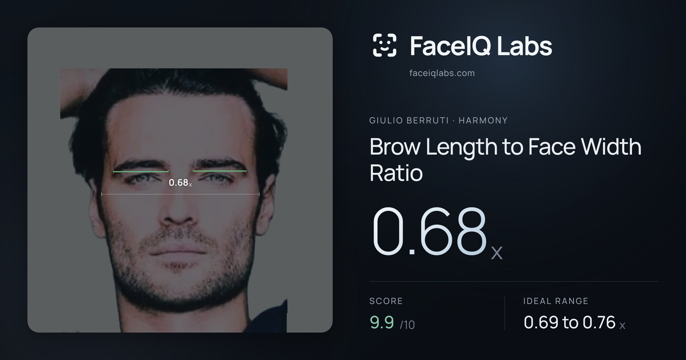 Giulio Berruti Brow Length to Face Width Ratio: 0.68x, drawn on the photo