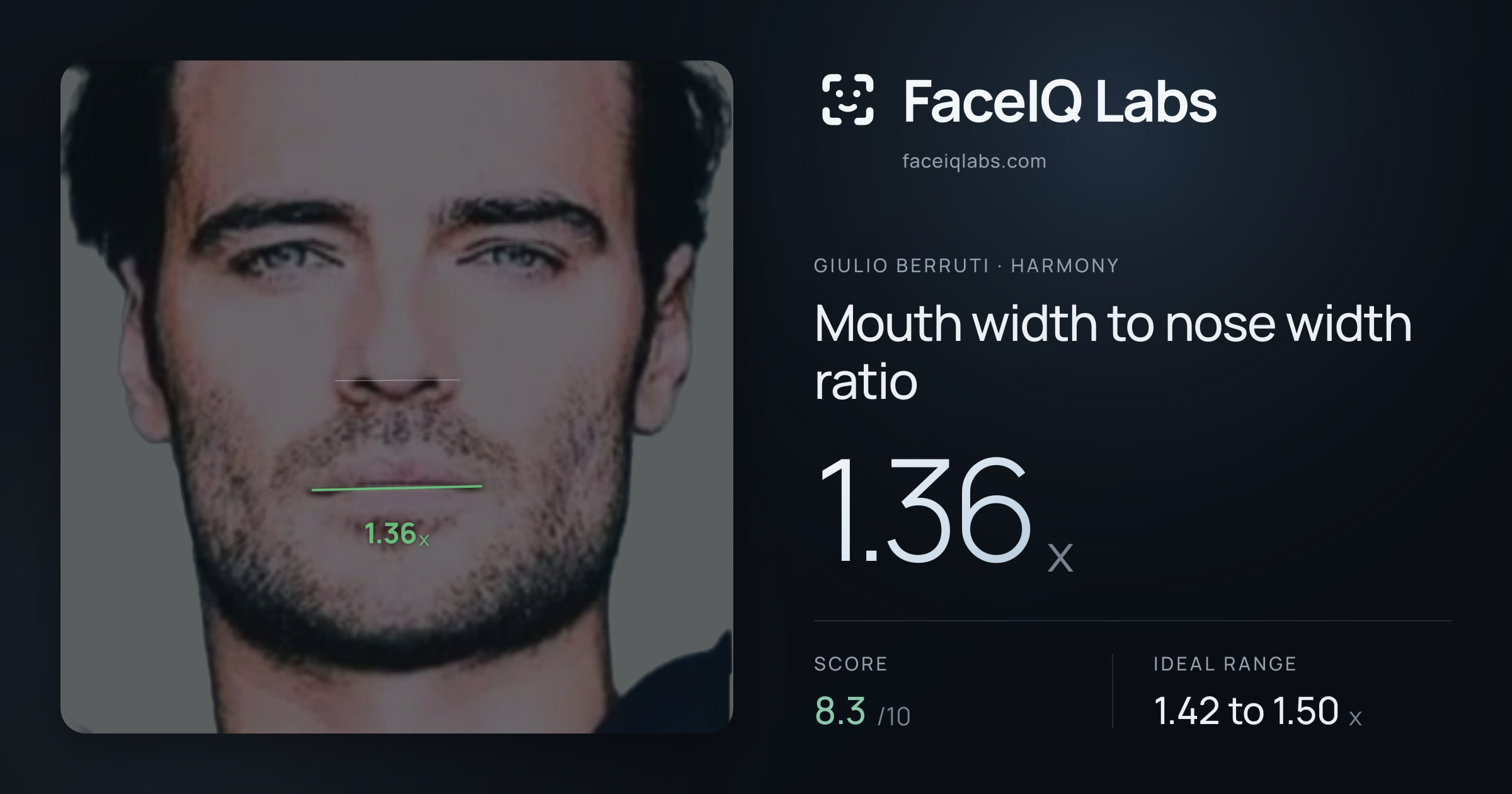 Giulio Berruti Mouth width to nose width ratio: 1.36x, drawn on the photo