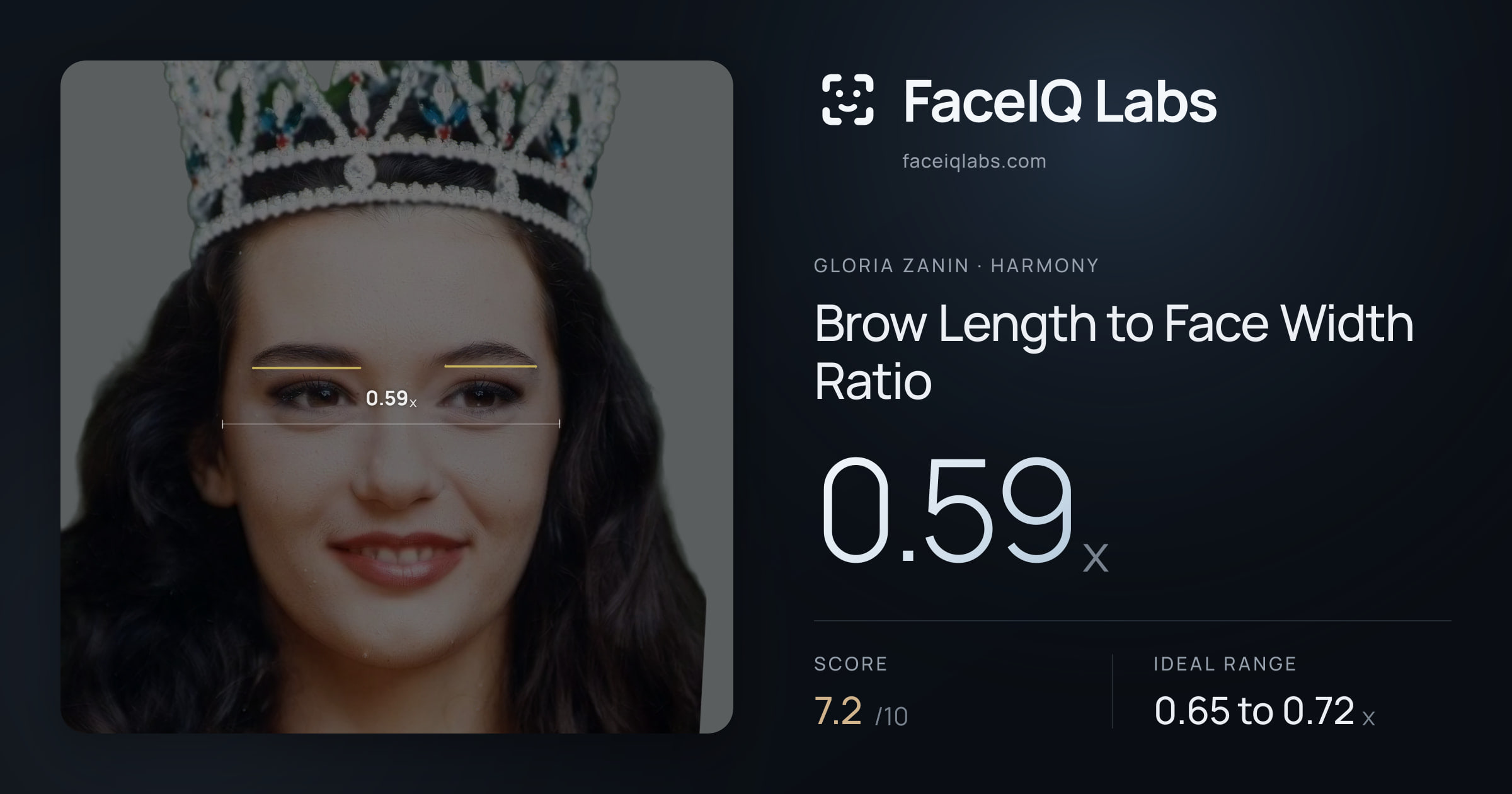 Gloria Zanin Brow Length to Face Width Ratio: 0.59x, drawn on the photo