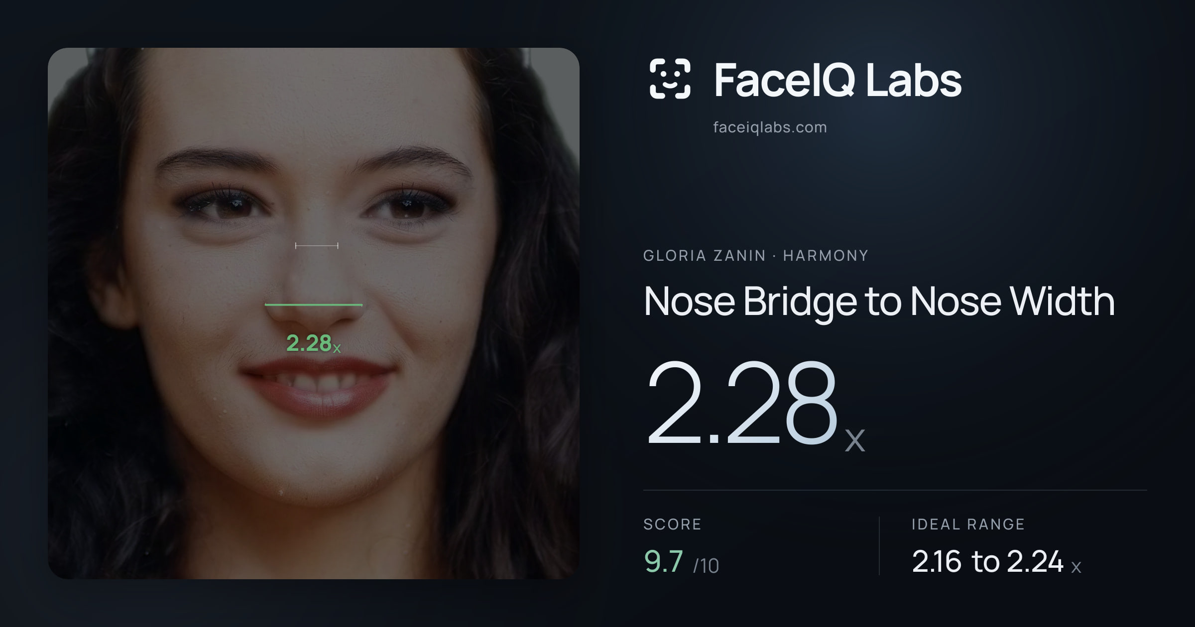 Gloria Zanin Nose Bridge to Nose Width: 2.28x, drawn on the photo