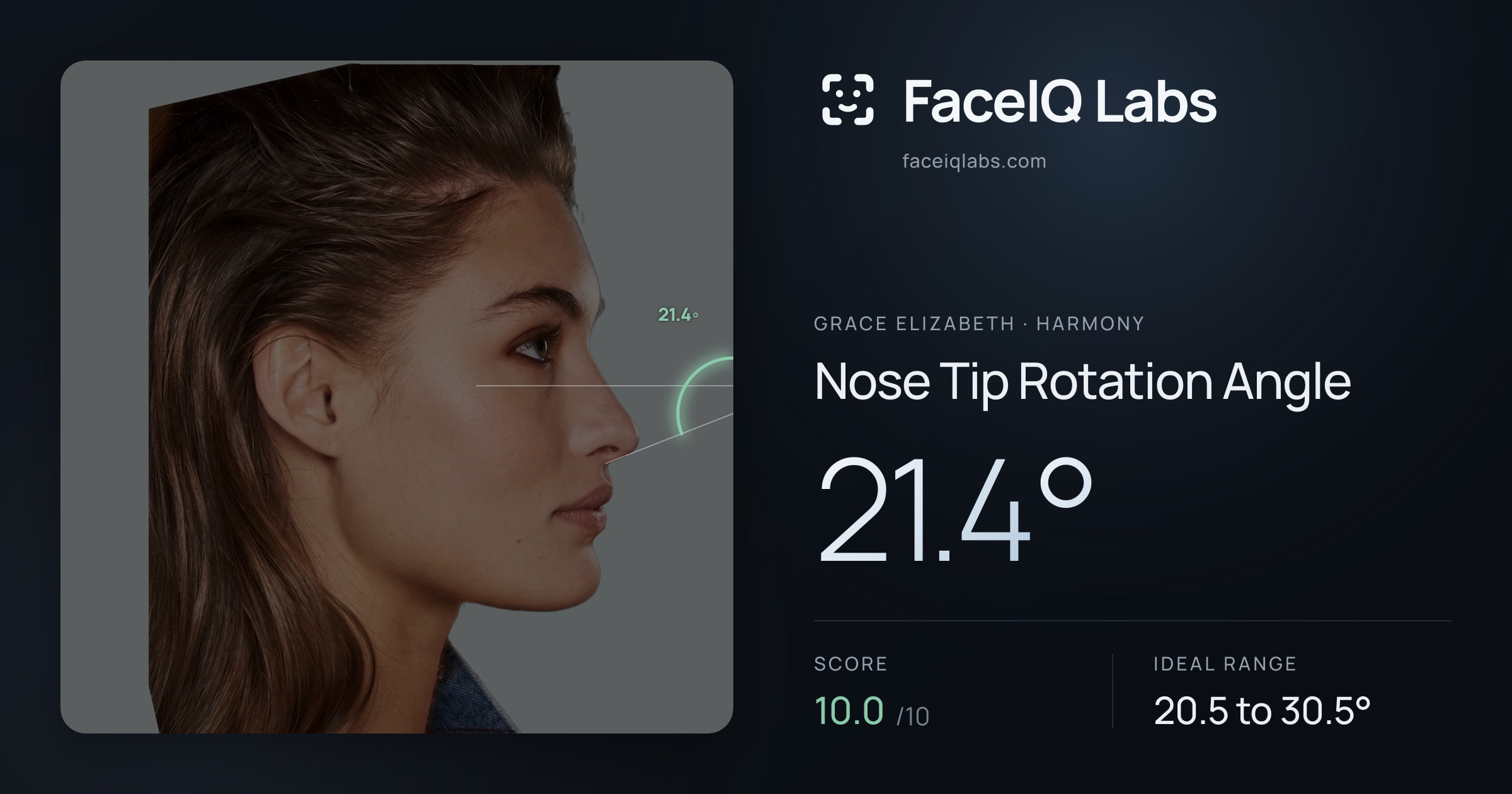 Grace Elizabeth Nose Tip Rotation Angle: 21.4°, drawn on the photo