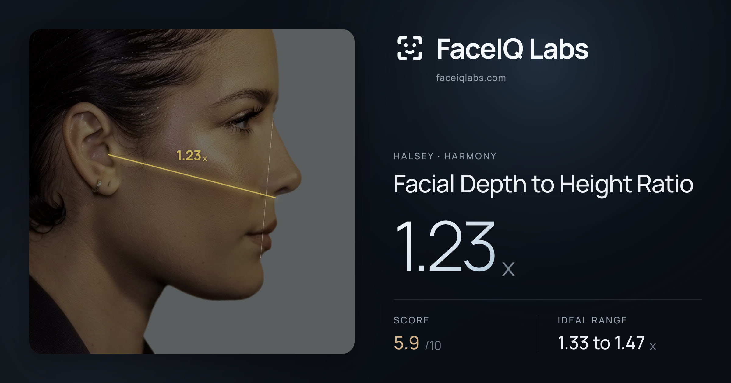 Halsey Facial Depth to Height Ratio: 1.23x, drawn on the photo