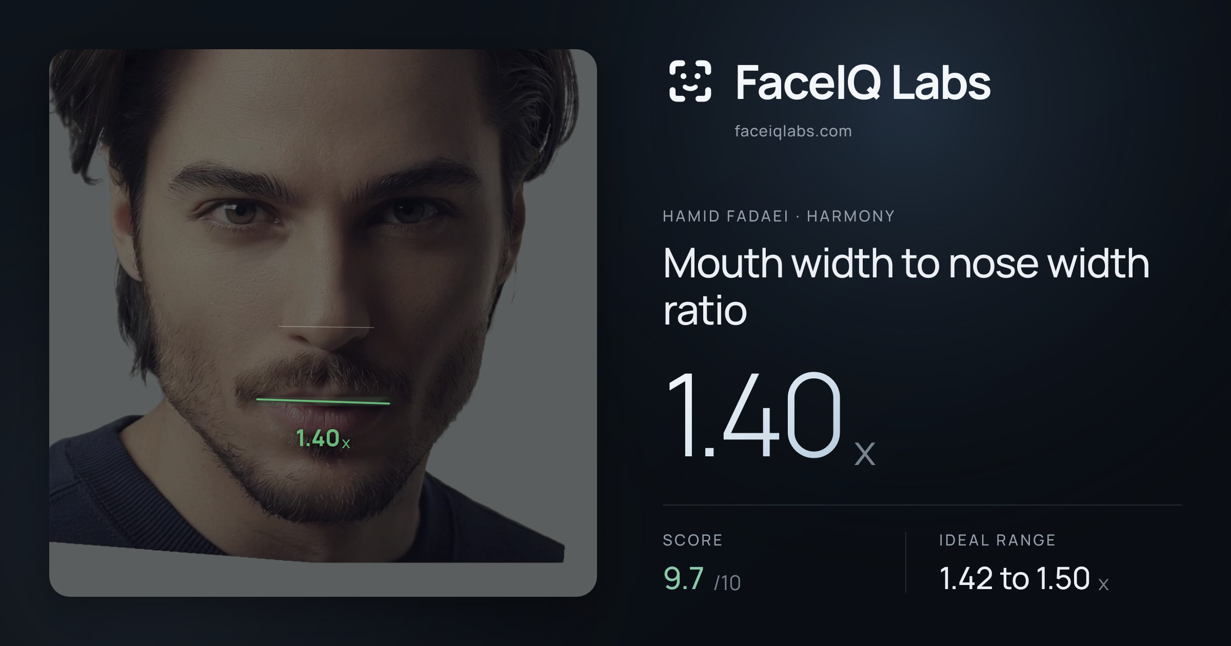 Hamid Fadaei Mouth width to nose width ratio: 1.40x, drawn on the photo