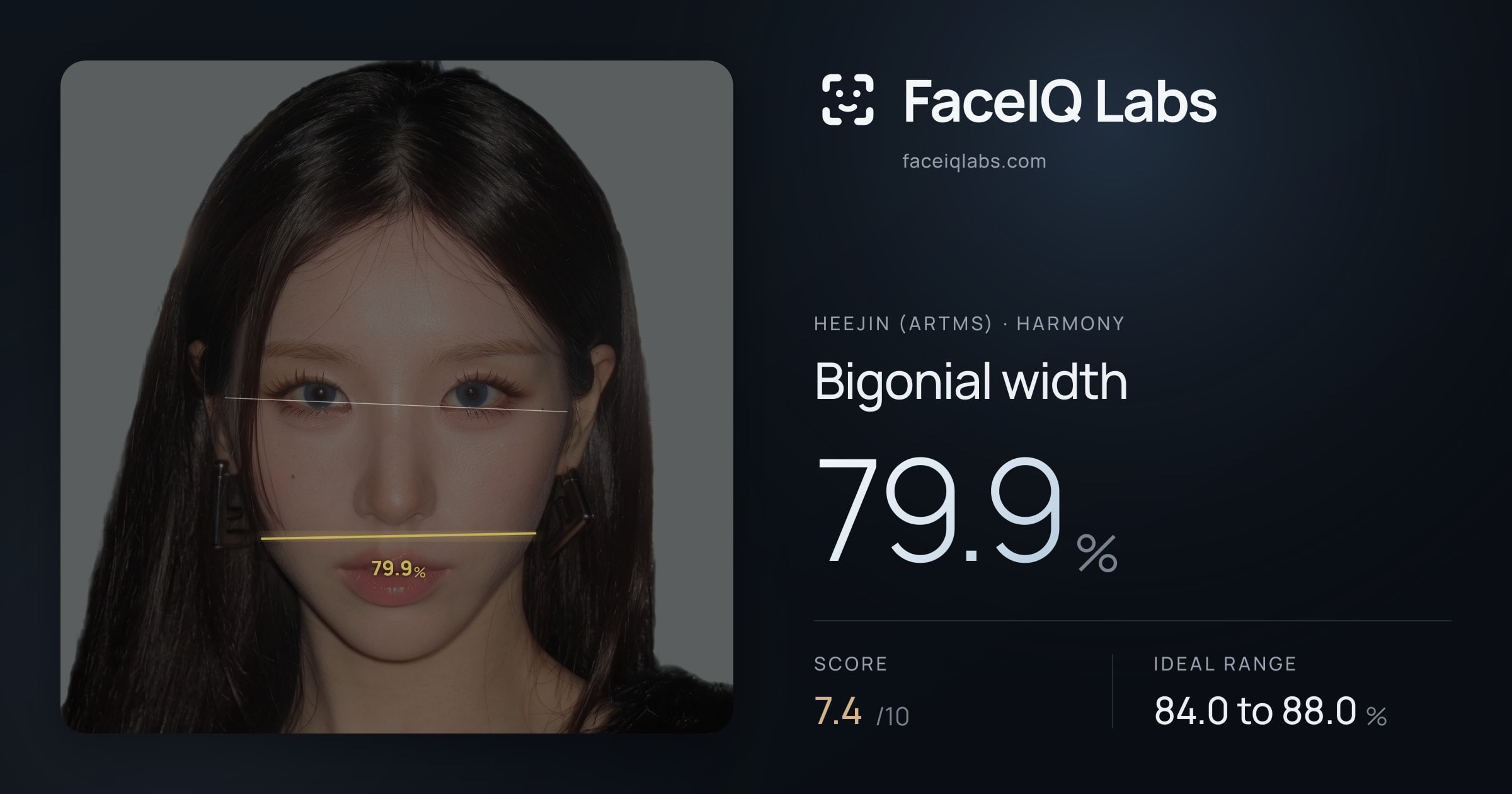Heejin (ARTMS) Bigonial width: 79.9%, drawn on the photo