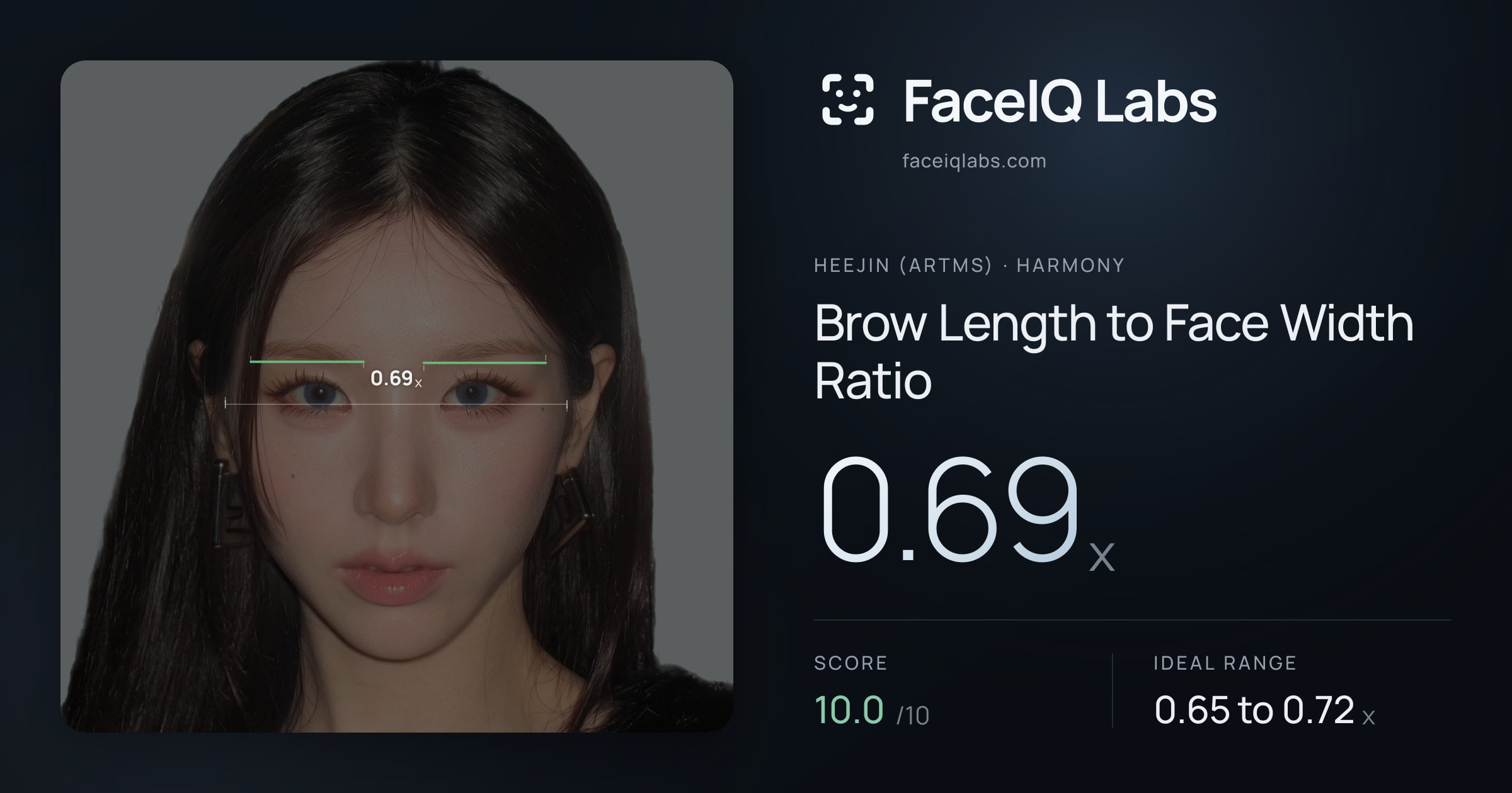 Heejin (ARTMS) Brow Length to Face Width Ratio: 0.63x, drawn on the photo