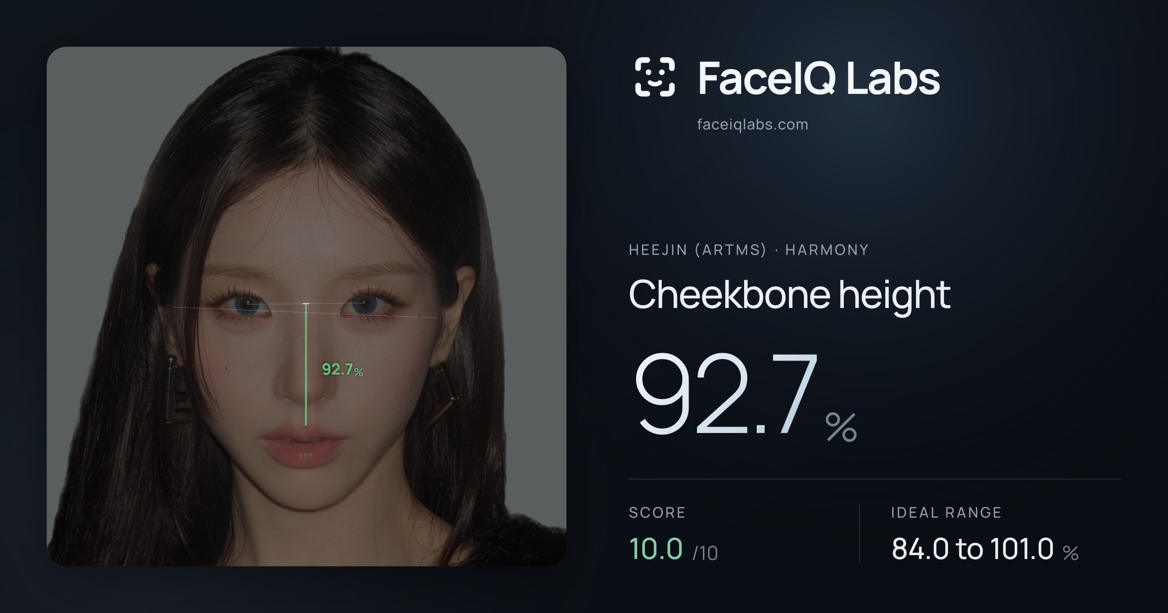 Heejin (ARTMS) Cheekbone height: 92.7%, drawn on the photo