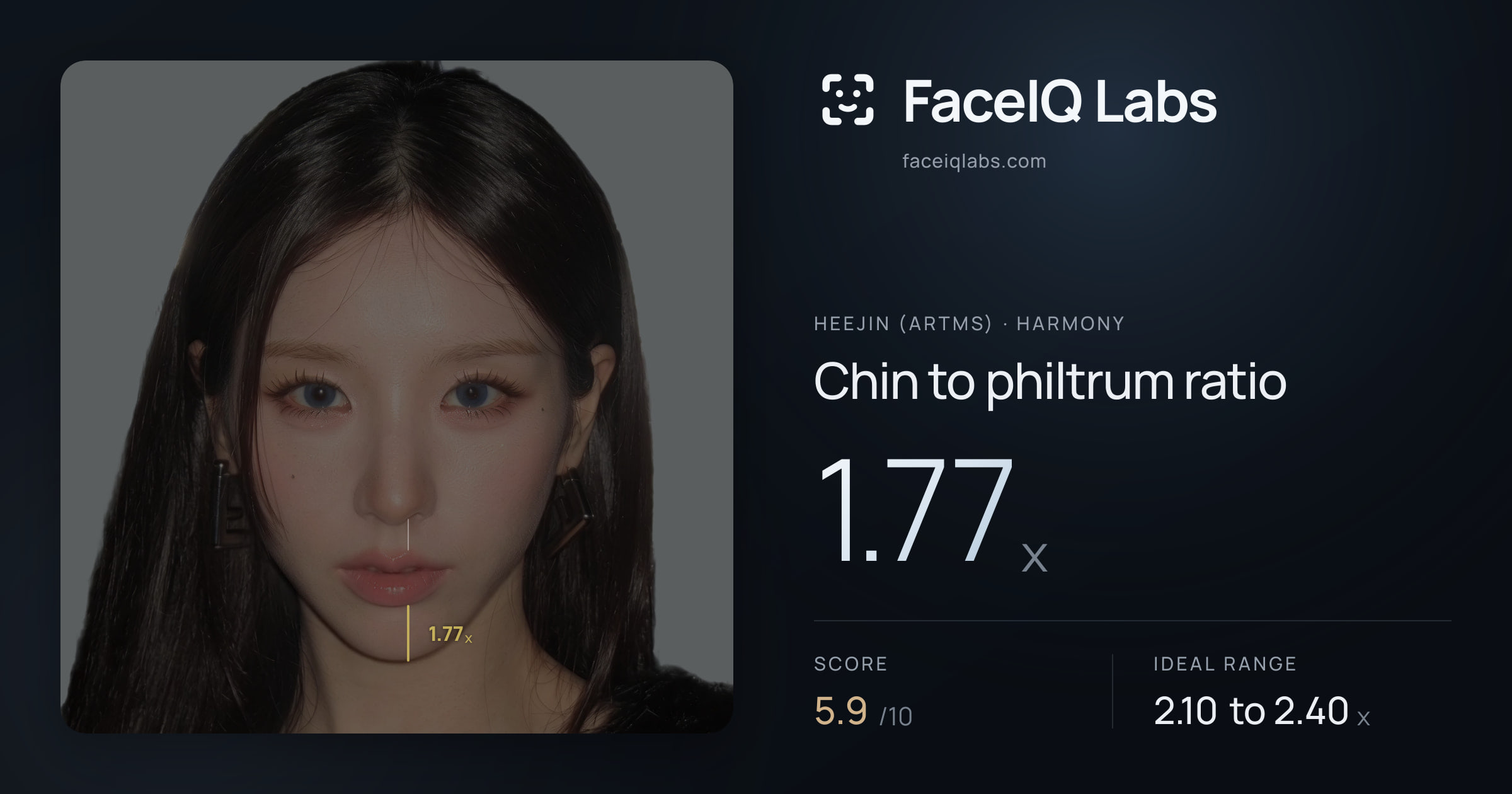 Heejin (ARTMS) Chin to philtrum ratio: 1.77x, drawn on the photo