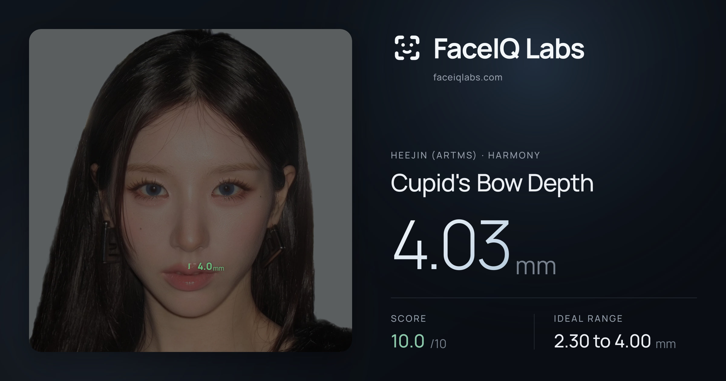 Heejin (ARTMS) Cupid's Bow Depth: 4.03mm, drawn on the photo