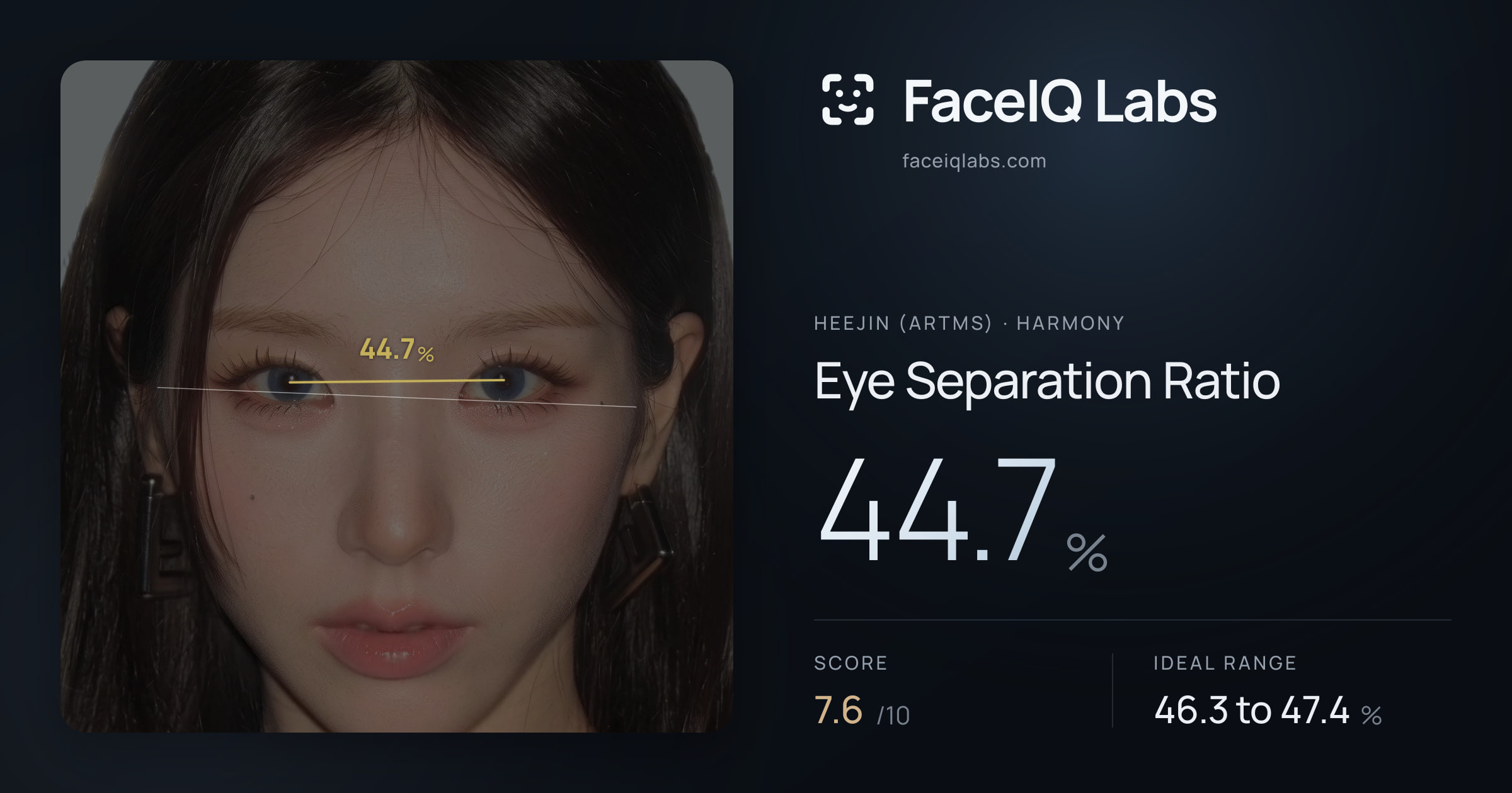 Heejin (ARTMS) Eye Separation Ratio: 44.7%, drawn on the photo