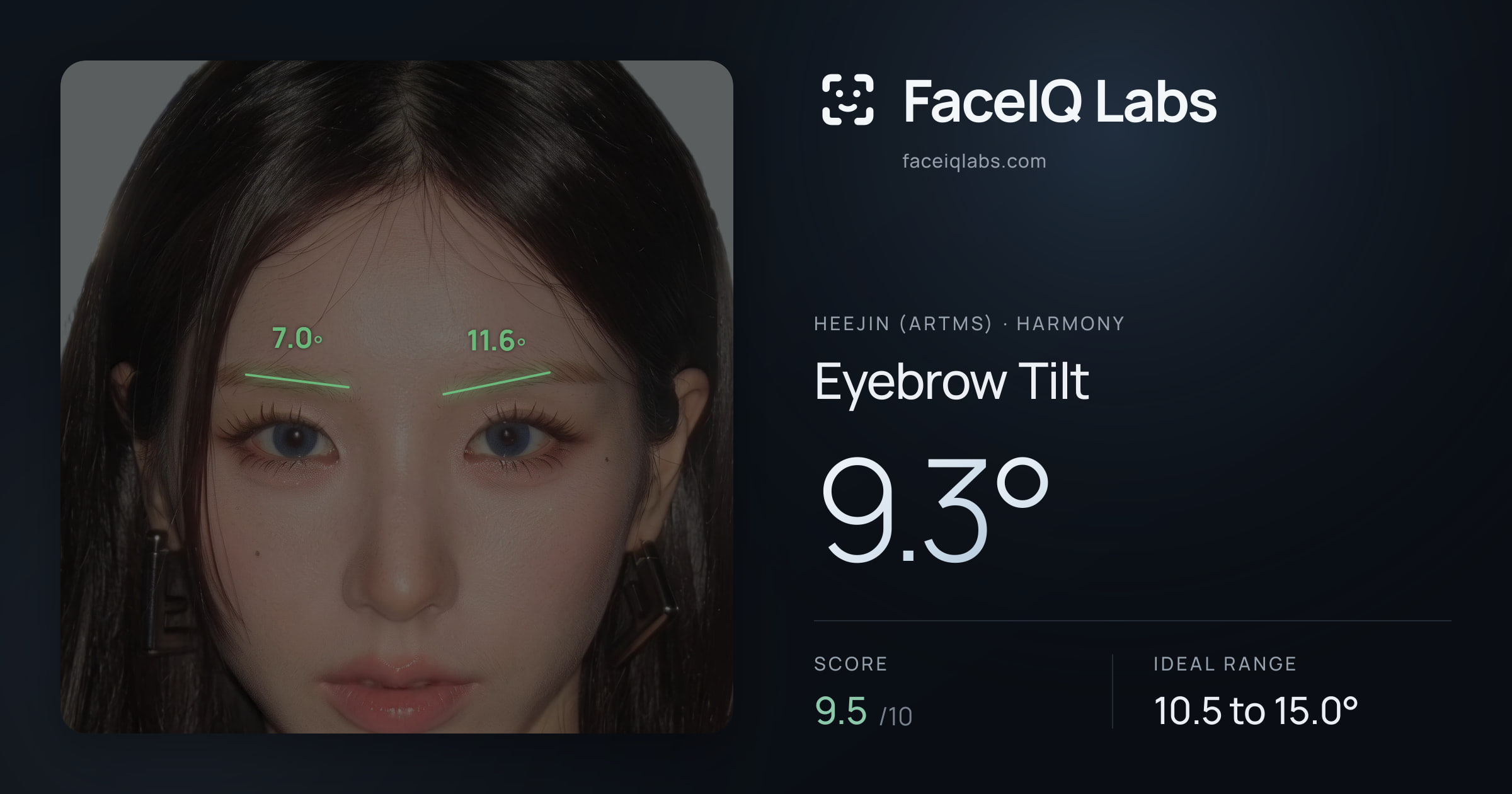 Heejin (ARTMS) Eyebrow Tilt: 8.3°, drawn on the photo