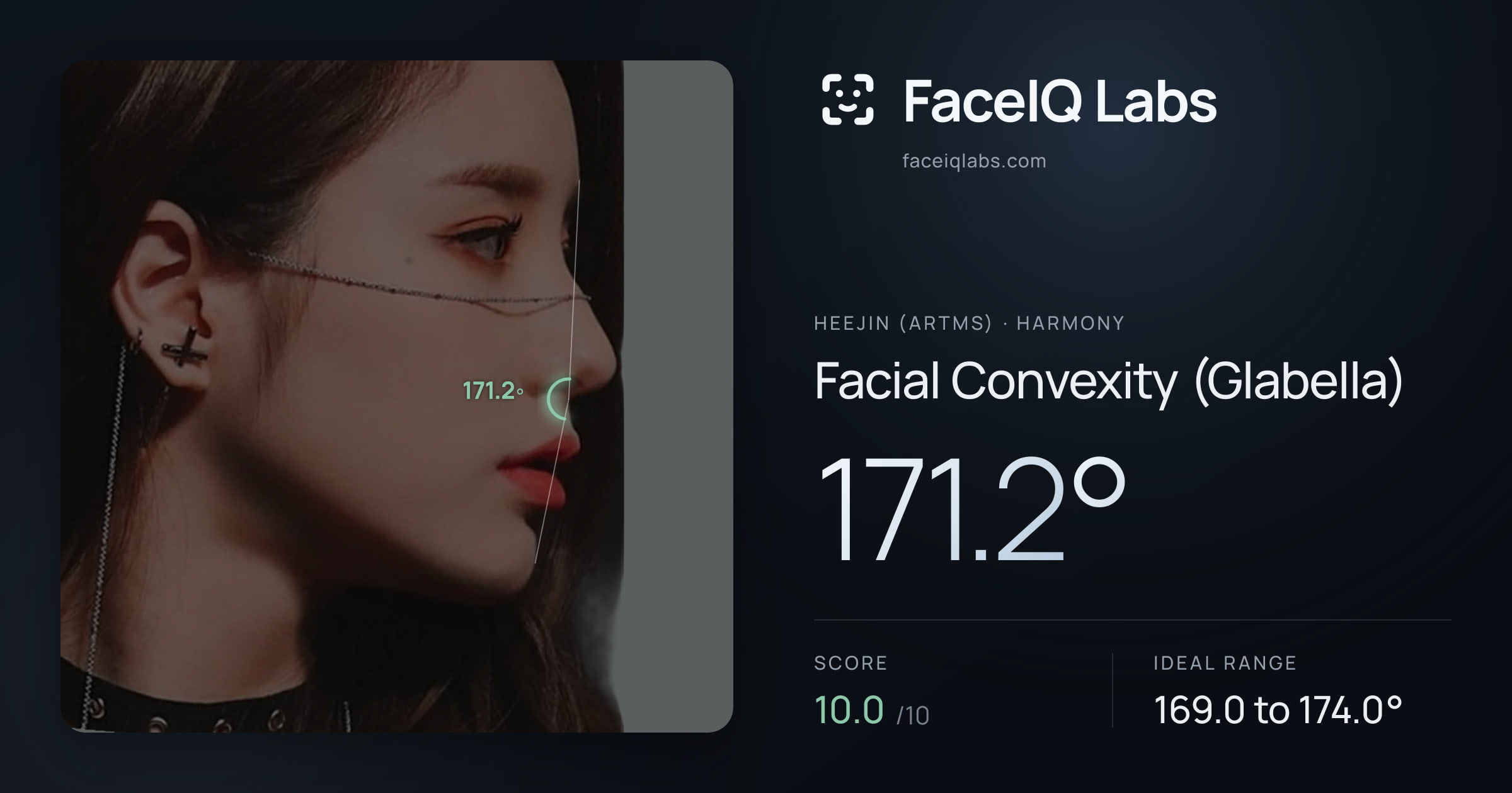 Heejin (ARTMS) Facial Convexity (Glabella): 171.2°, drawn on the photo