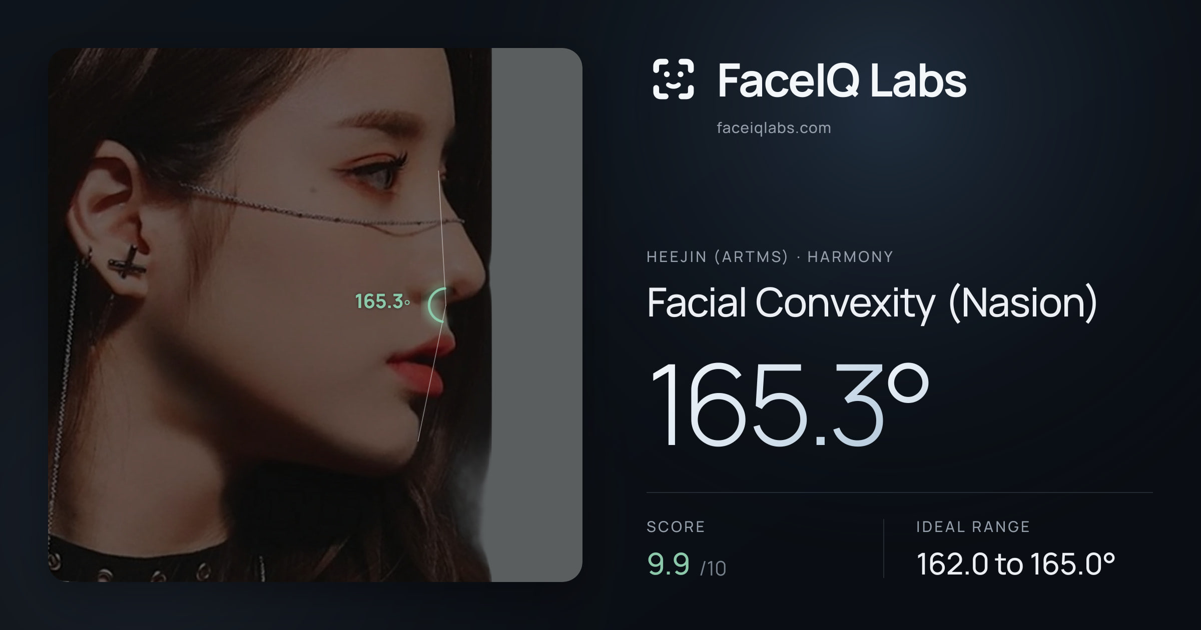 Heejin (ARTMS) Facial Convexity (Nasion): 165.3°, drawn on the photo
