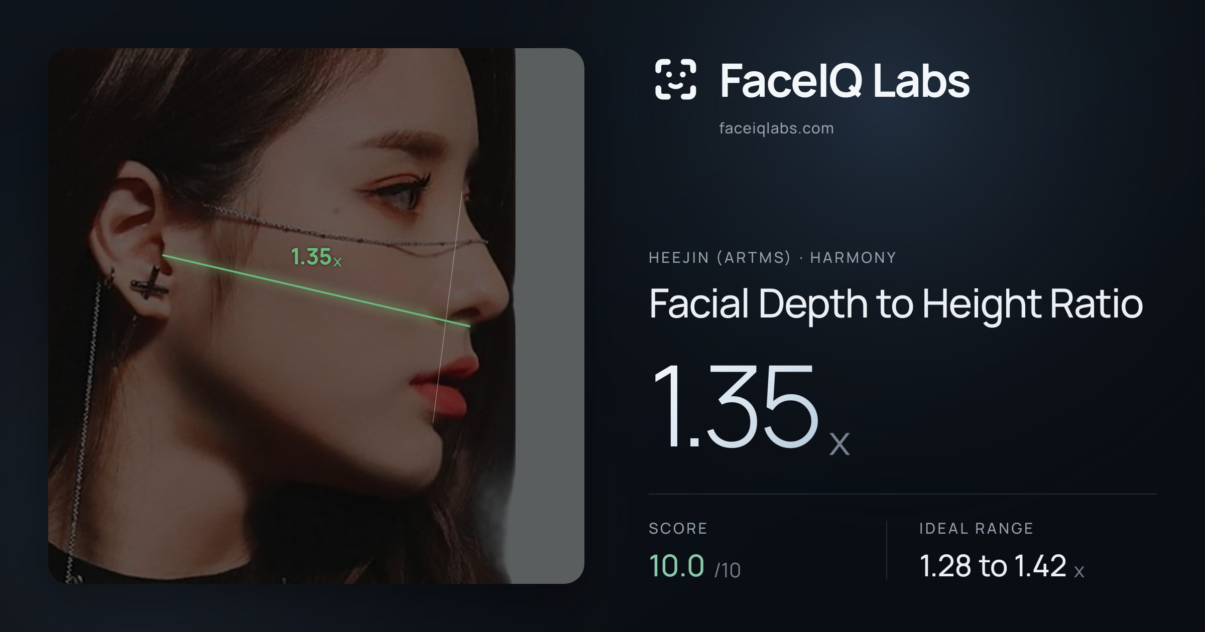 Heejin (ARTMS) Facial Depth to Height Ratio: 1.35x, drawn on the photo