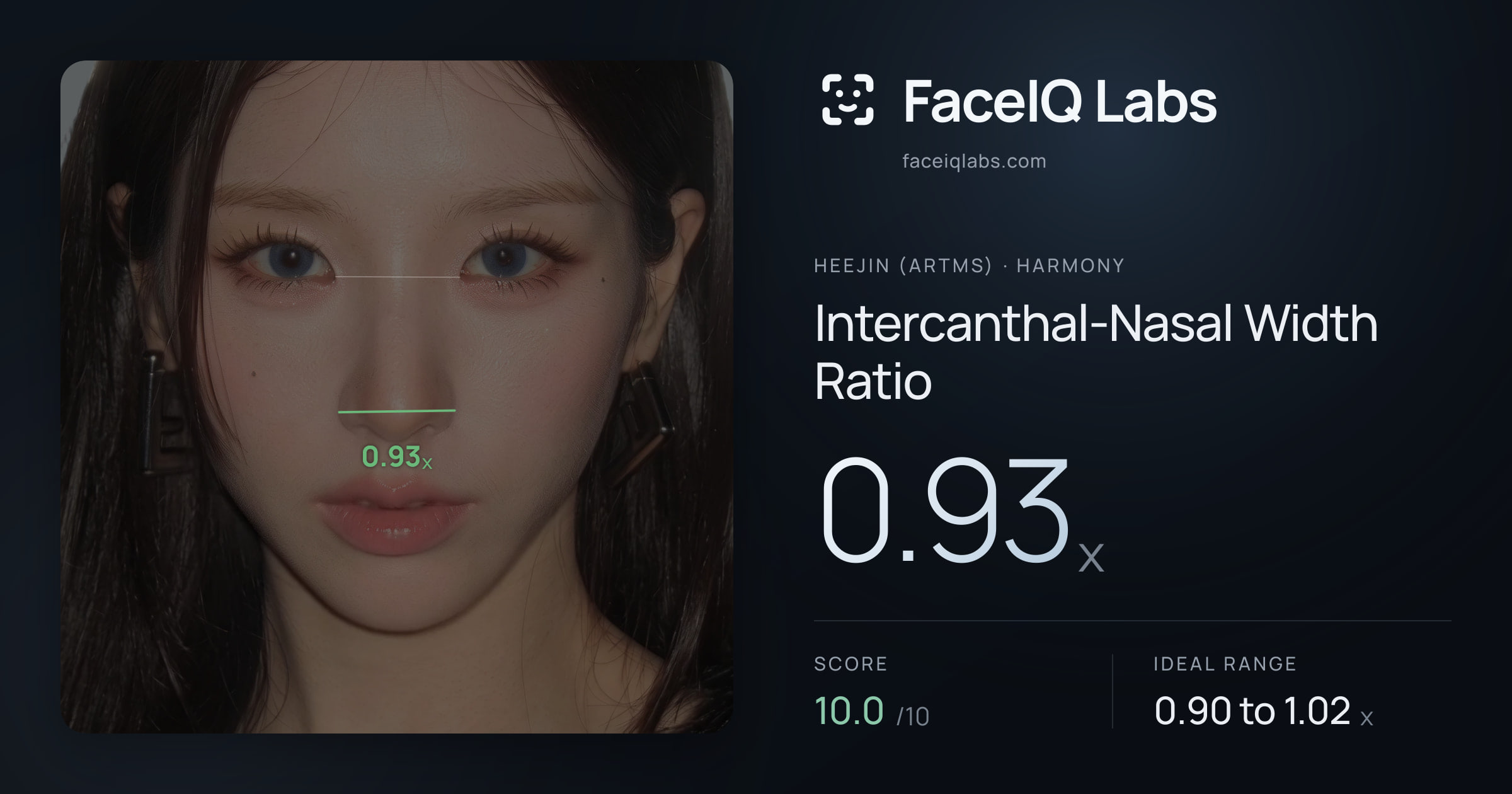Heejin (ARTMS) Intercanthal-Nasal Width Ratio: 0.93x, drawn on the photo