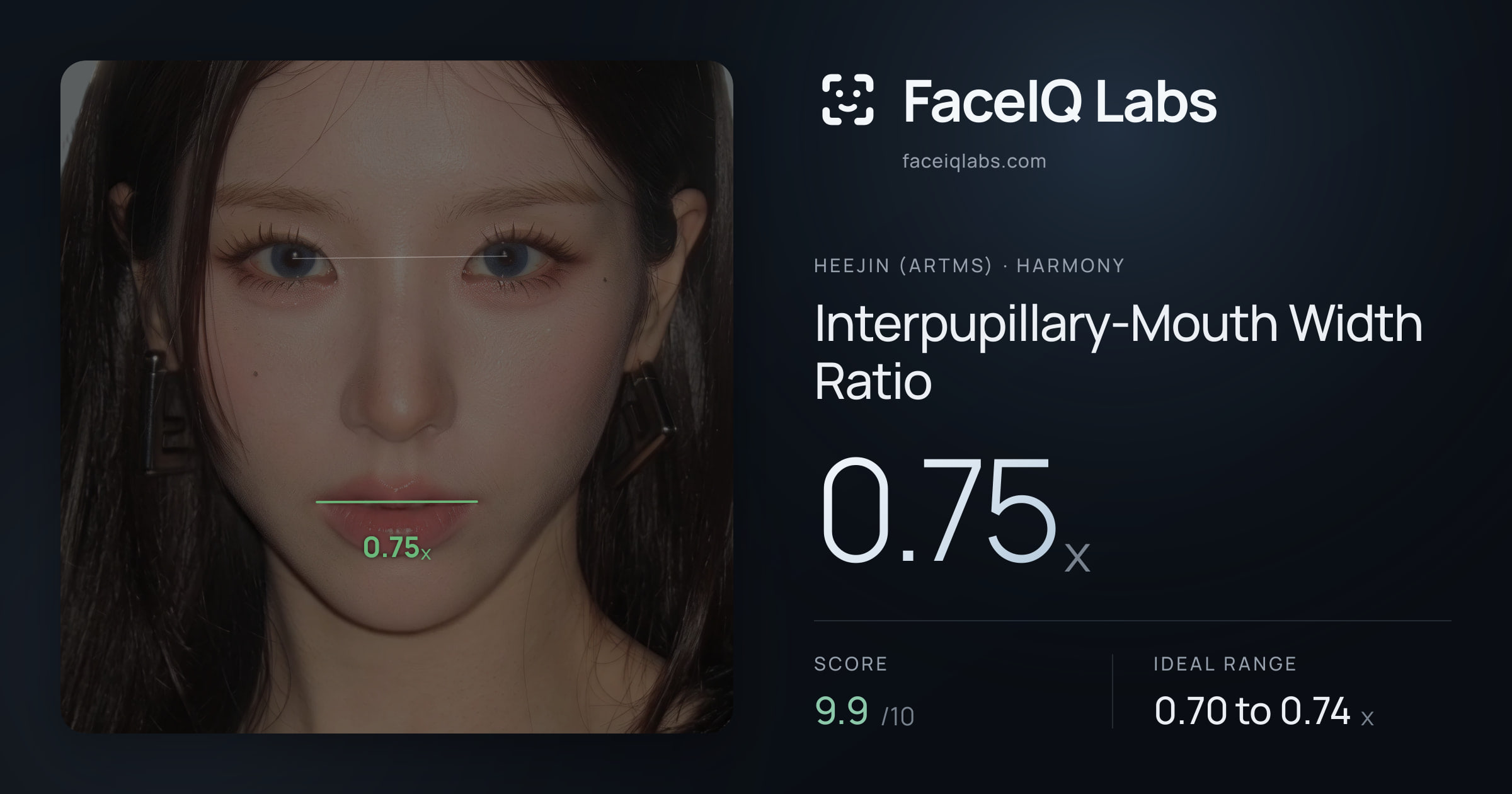 Heejin (ARTMS) Interpupillary-Mouth Width Ratio: 0.75x, drawn on the photo