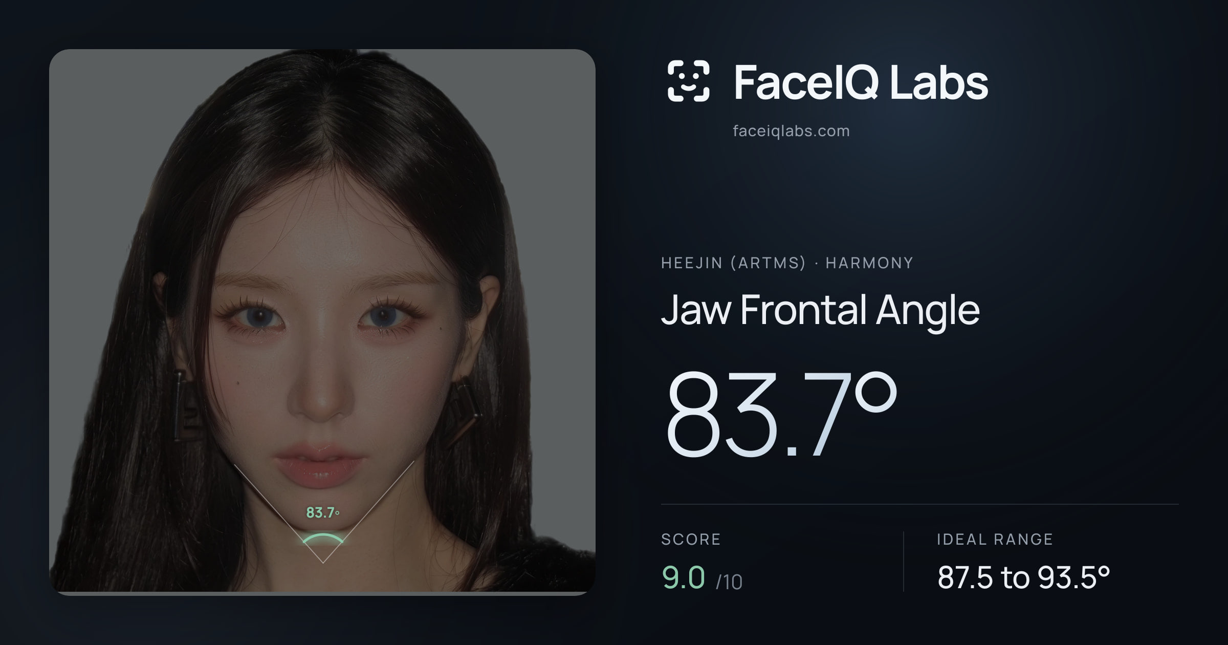 Heejin (ARTMS) Jaw Frontal Angle: 83.7°, drawn on the photo