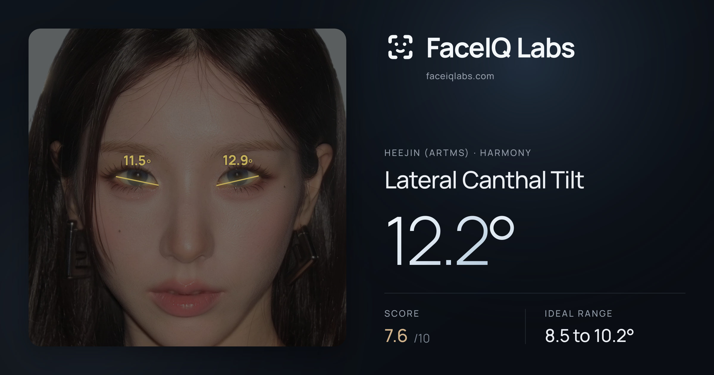 Heejin (ARTMS) Lateral Canthal Tilt: 13.8°, drawn on the photo