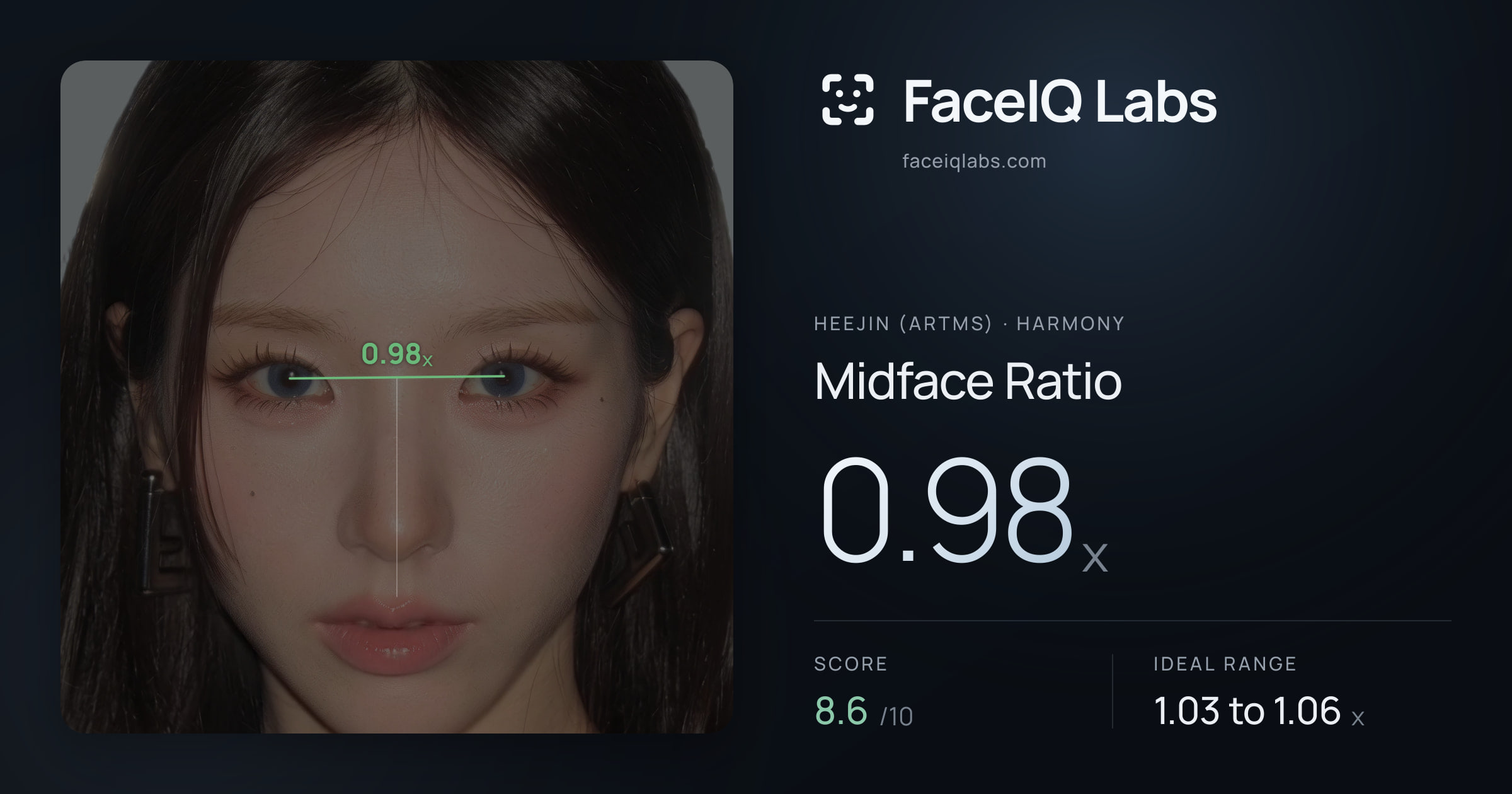Heejin (ARTMS) Midface Ratio: 0.98x, drawn on the photo