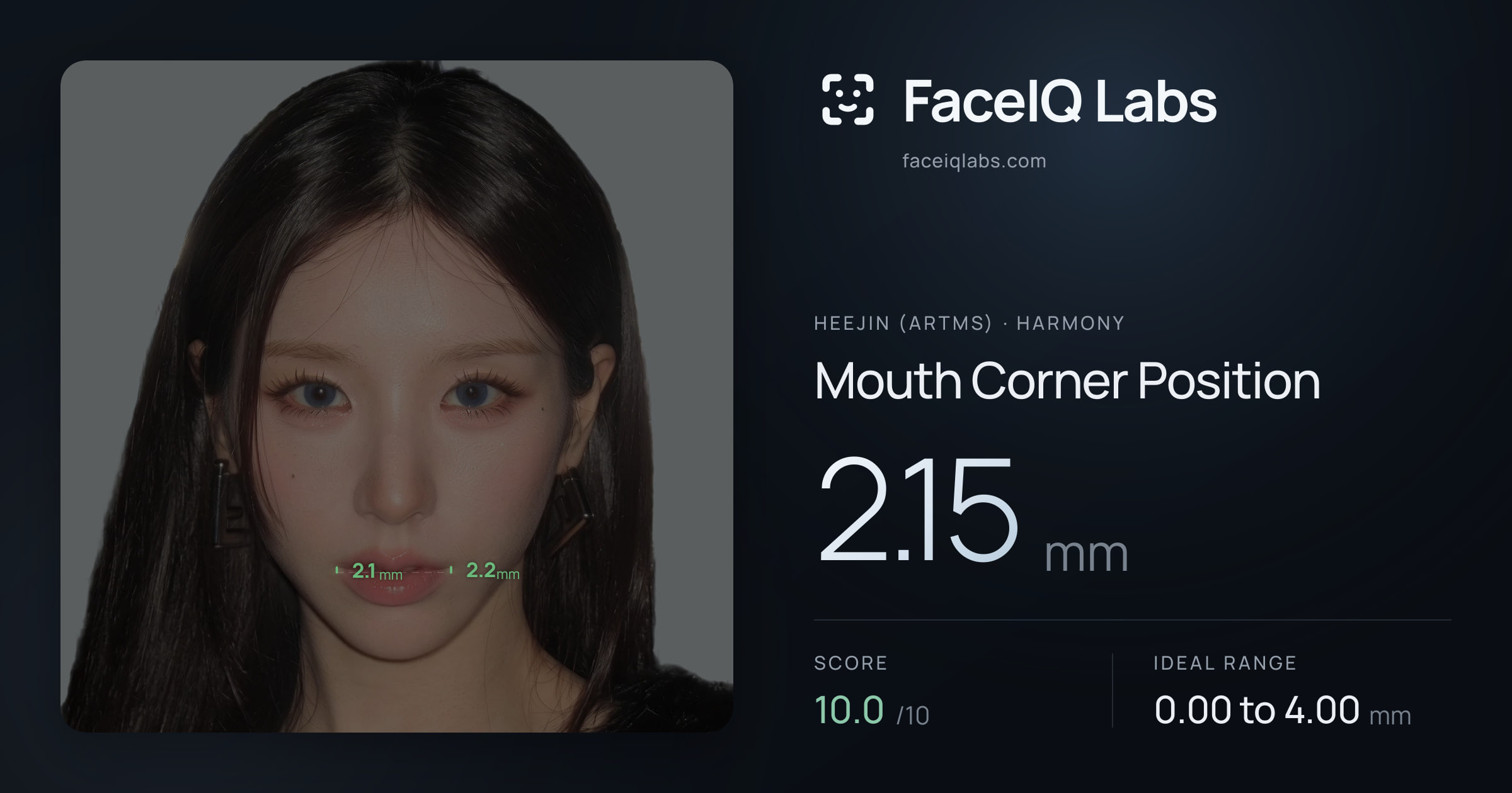 Heejin (ARTMS) Mouth Corner Position: 2.15mm, drawn on the photo