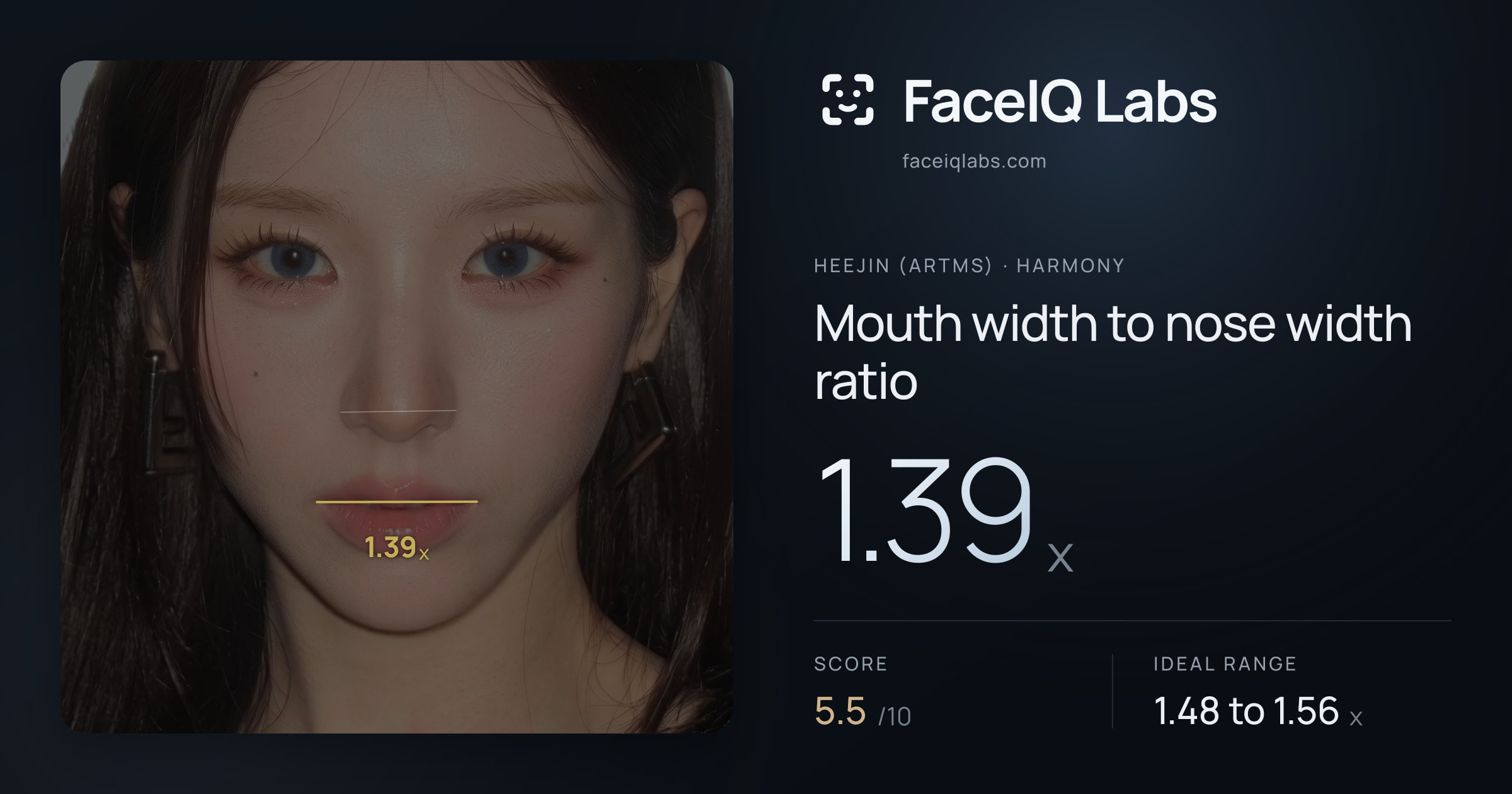 Heejin (ARTMS) Mouth width to nose width ratio: 1.39x, drawn on the photo