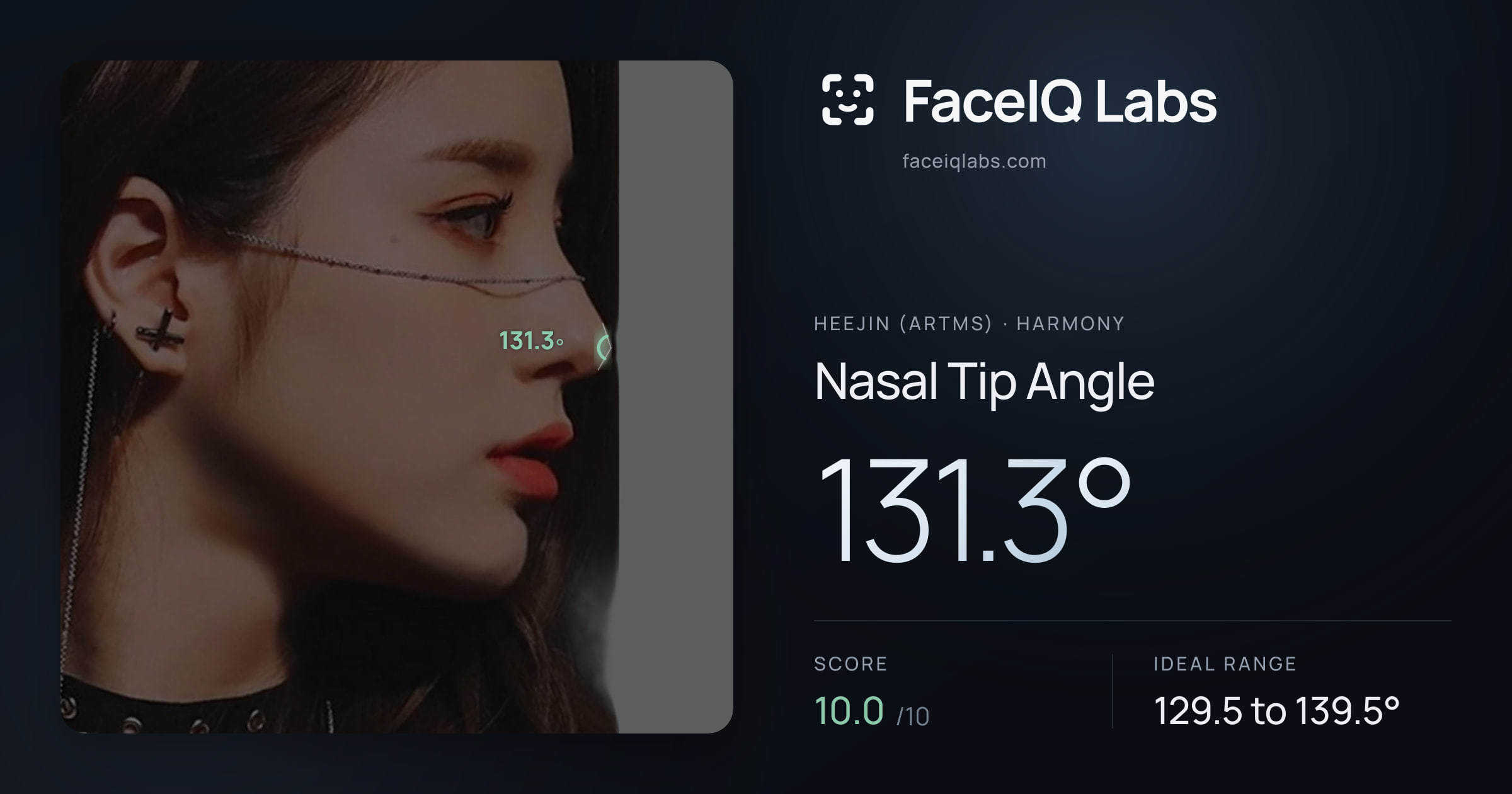 Heejin (ARTMS) Nasal Tip Angle: 131.3°, drawn on the photo