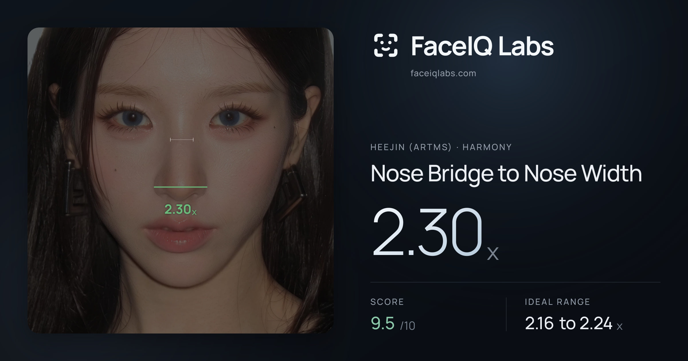 Heejin (ARTMS) Nose Bridge to Nose Width: 2.30x, drawn on the photo