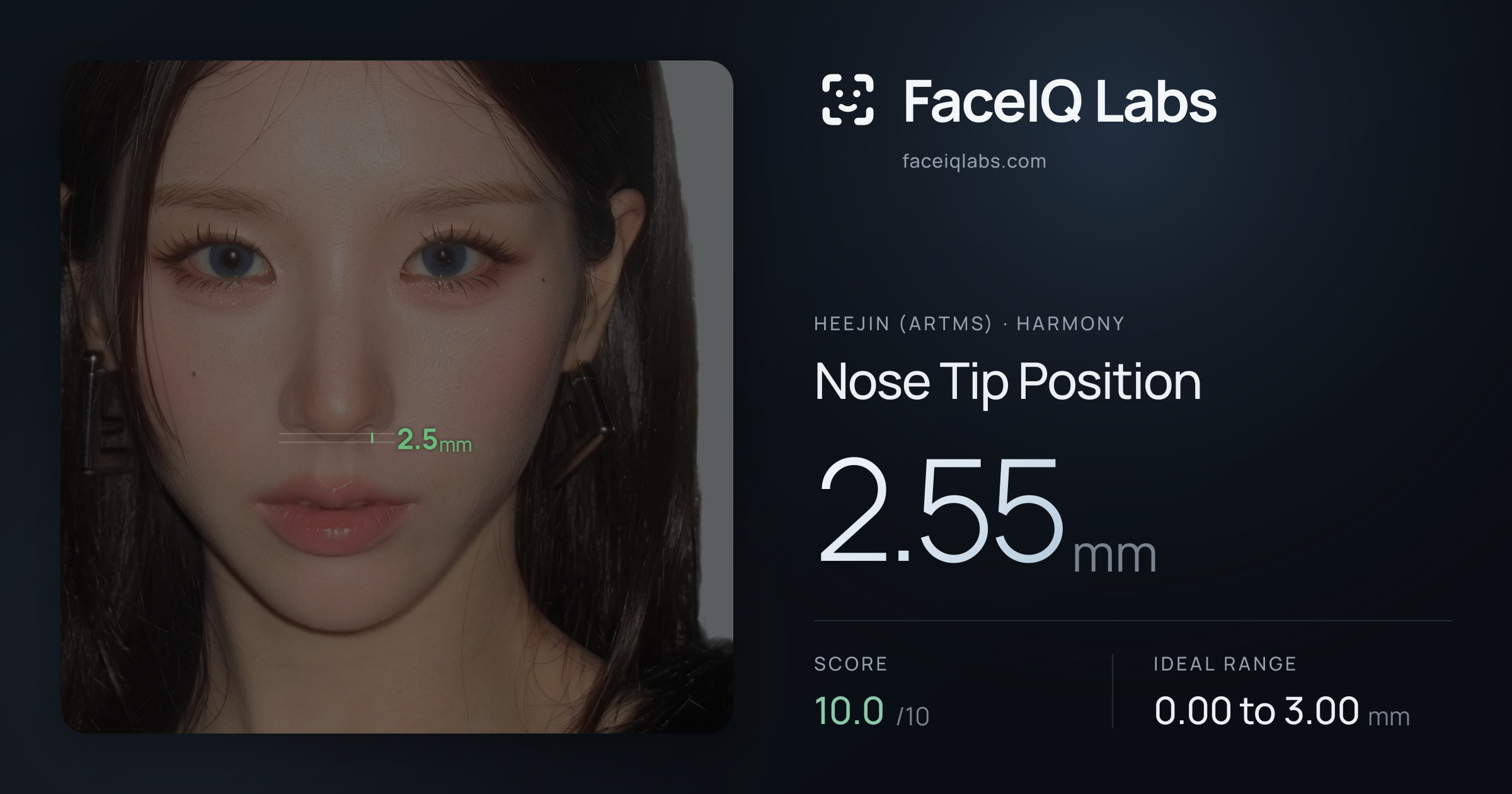 Heejin (ARTMS) Nose Tip Position: 2.55mm, drawn on the photo