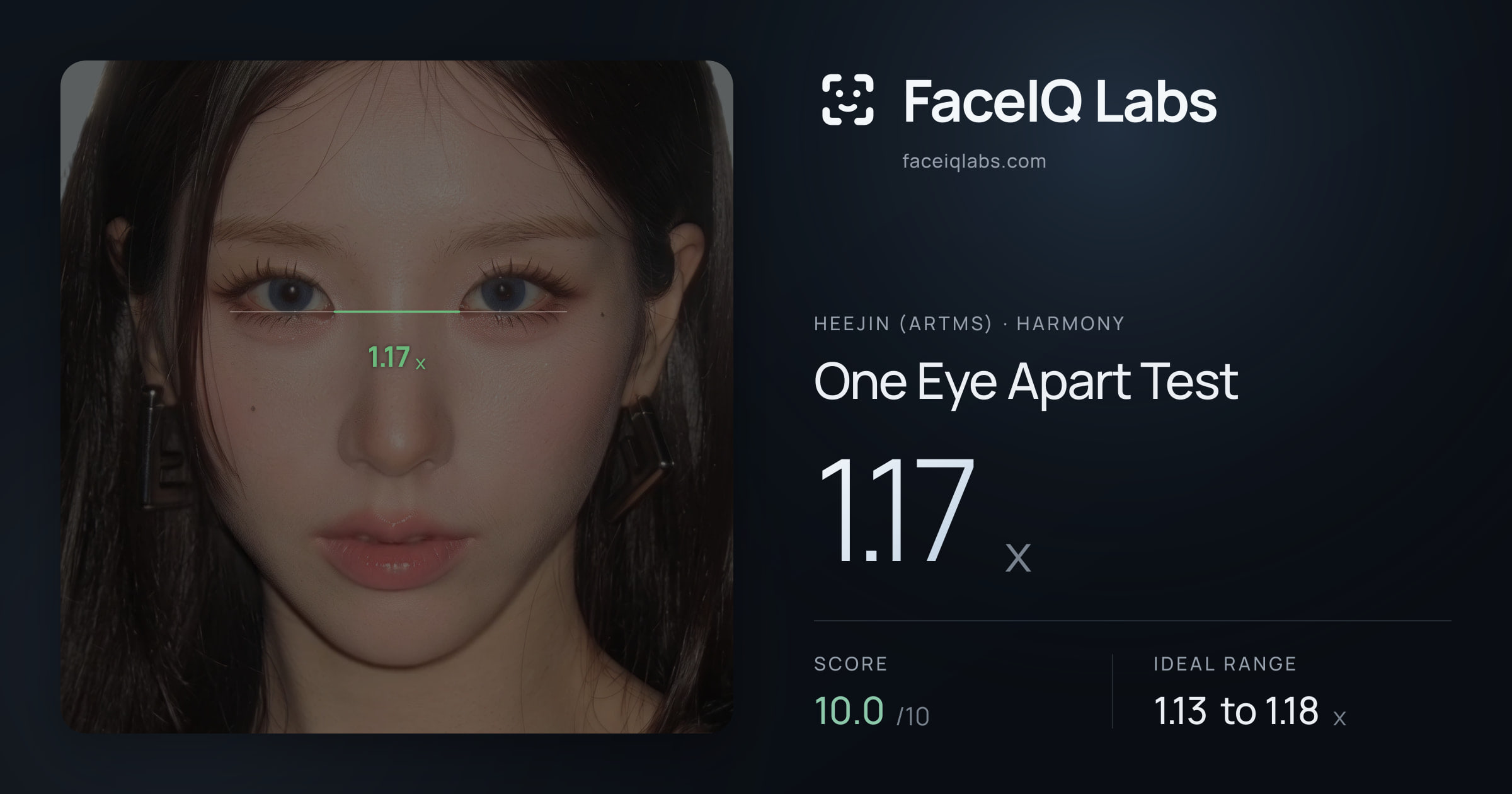 Heejin (ARTMS) One Eye Apart Test: 1.17x, drawn on the photo