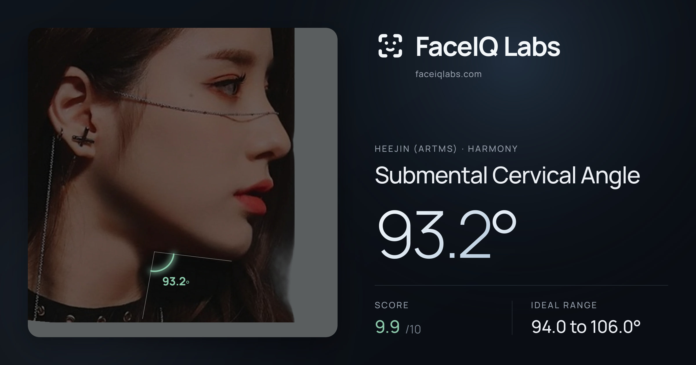 Heejin (ARTMS) Submental Cervical Angle: 93.2°, drawn on the photo